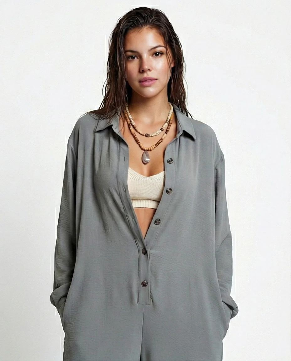 R209920 - Loose Fit Long Sleeves Buttoned Jumpsuit - Dark Grey - Image 4