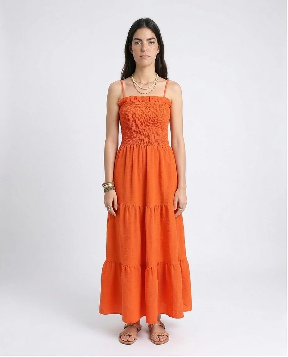 Ravin Smocked Bodice Tiered Maxi Dress - Bright Orange - R209966