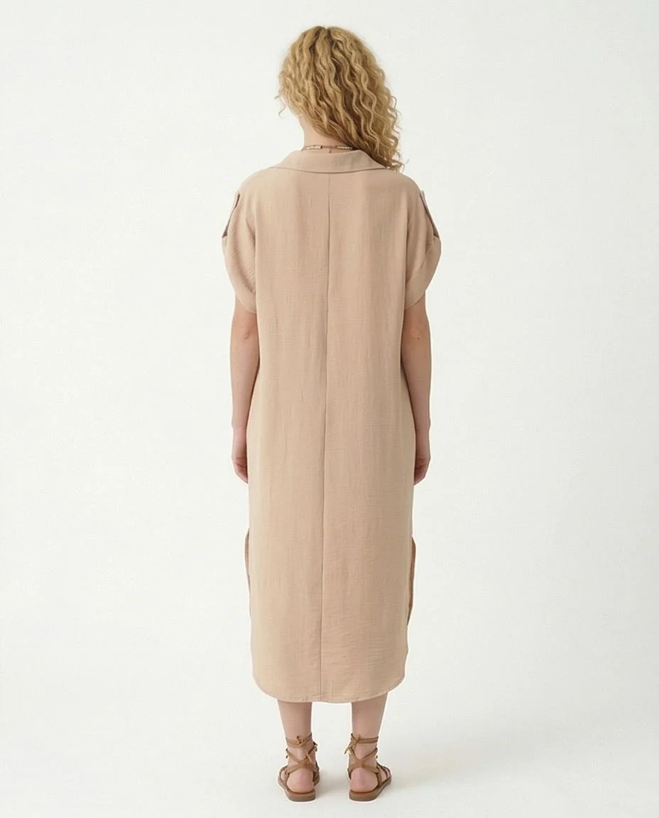 Ravin Women’s Crinkle-Textured V-Neck Midi Shirt Dress – Sand - R209967 - Image 2