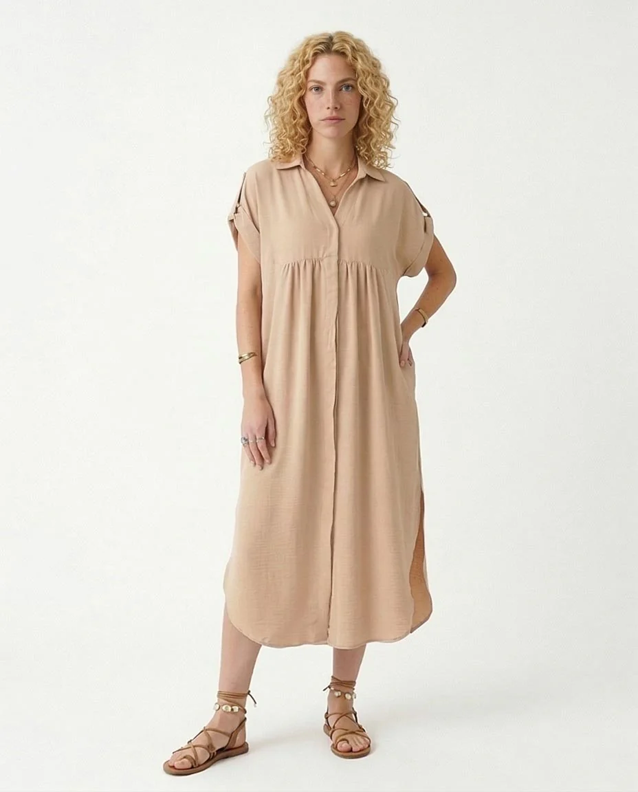 Ravin Women’s Crinkle-Textured V-Neck Midi Shirt Dress – Sand - R209967 - Image 4