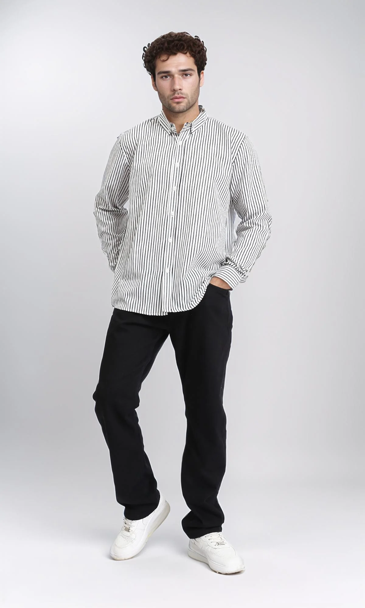 R209971 - Regular Striped Long Sleeves Shirt - Black & White - Image 5