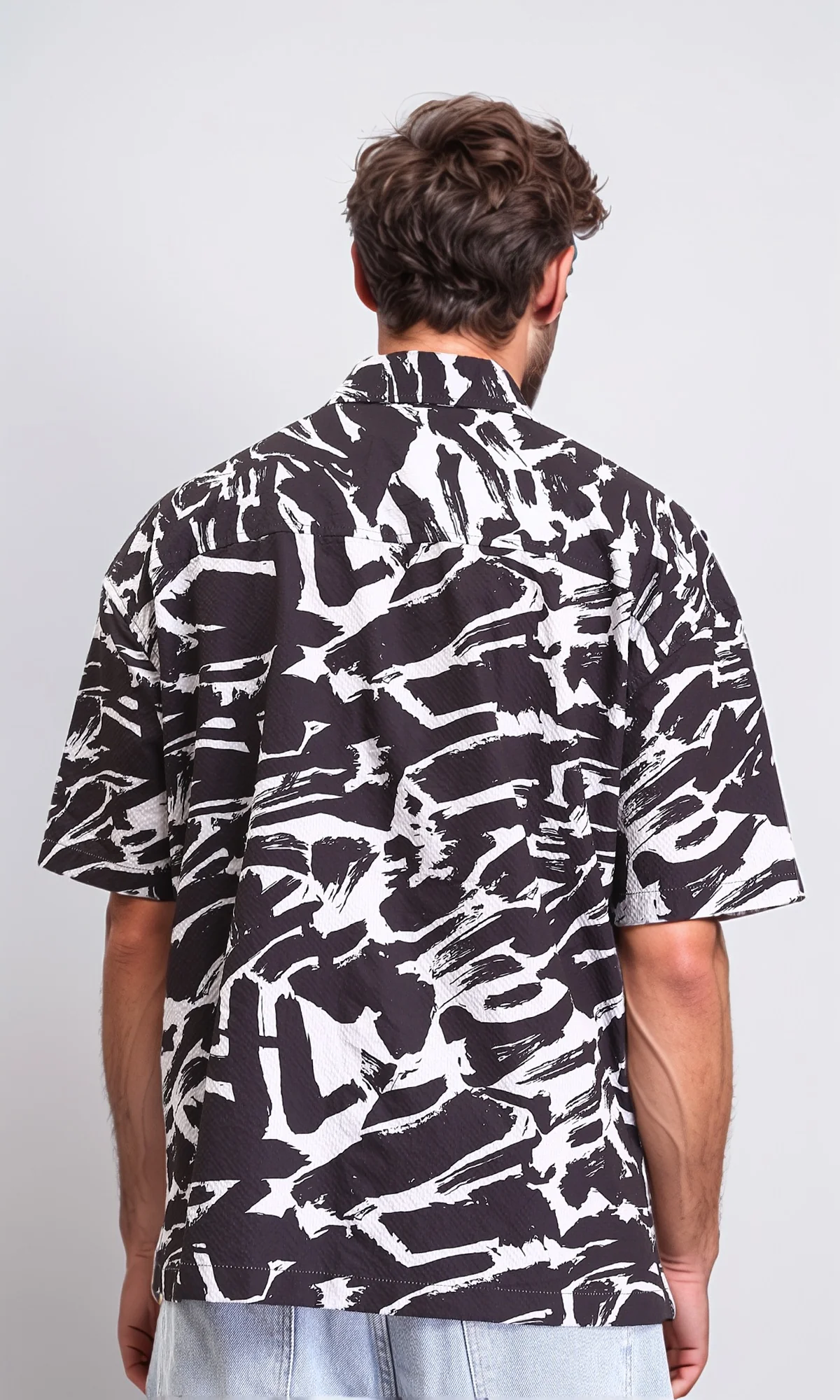 R210017 - Patterned Elbow Sleeves Cotton Shirt - Black & White - Image 2