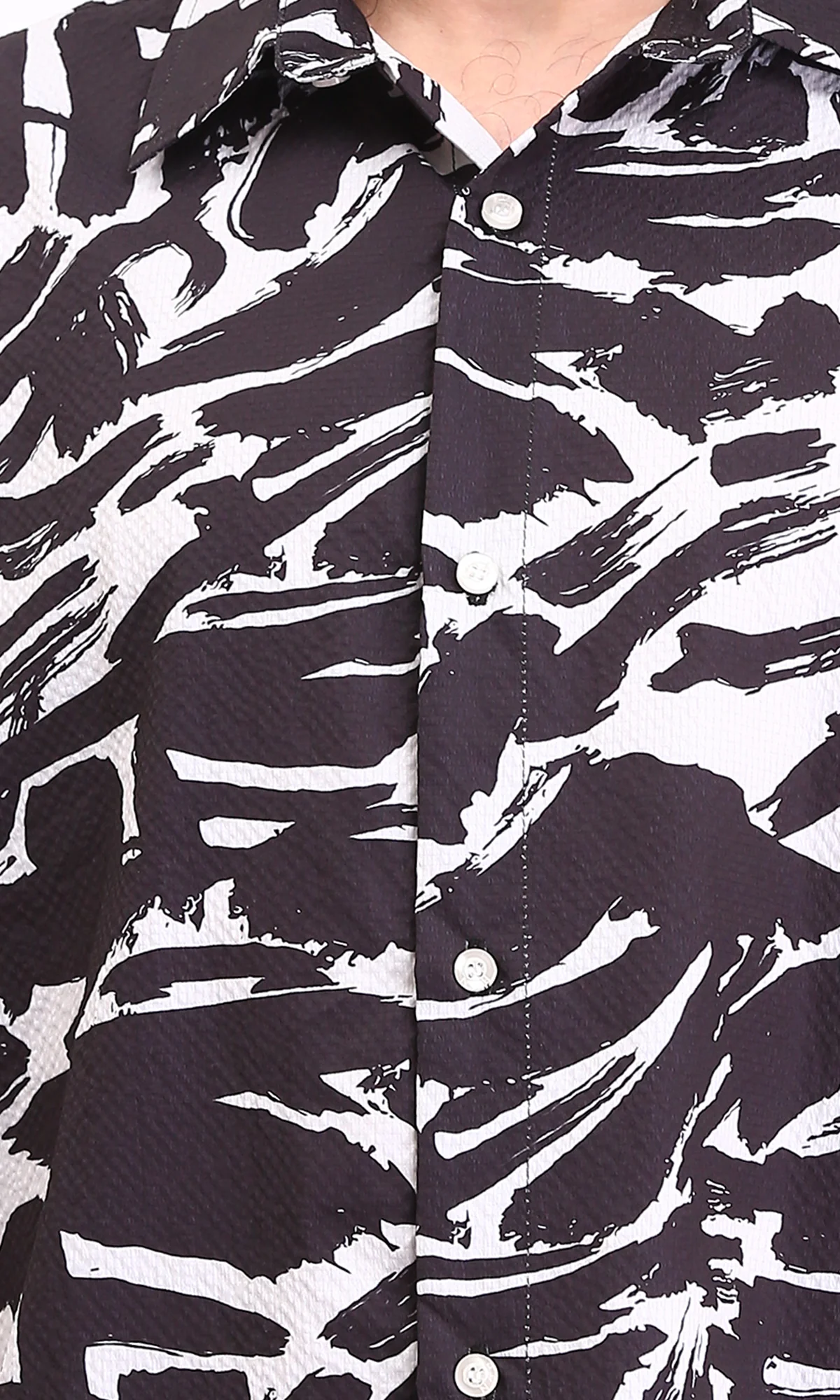 R210017 - Patterned Elbow Sleeves Cotton Shirt - Black & White - Image 3