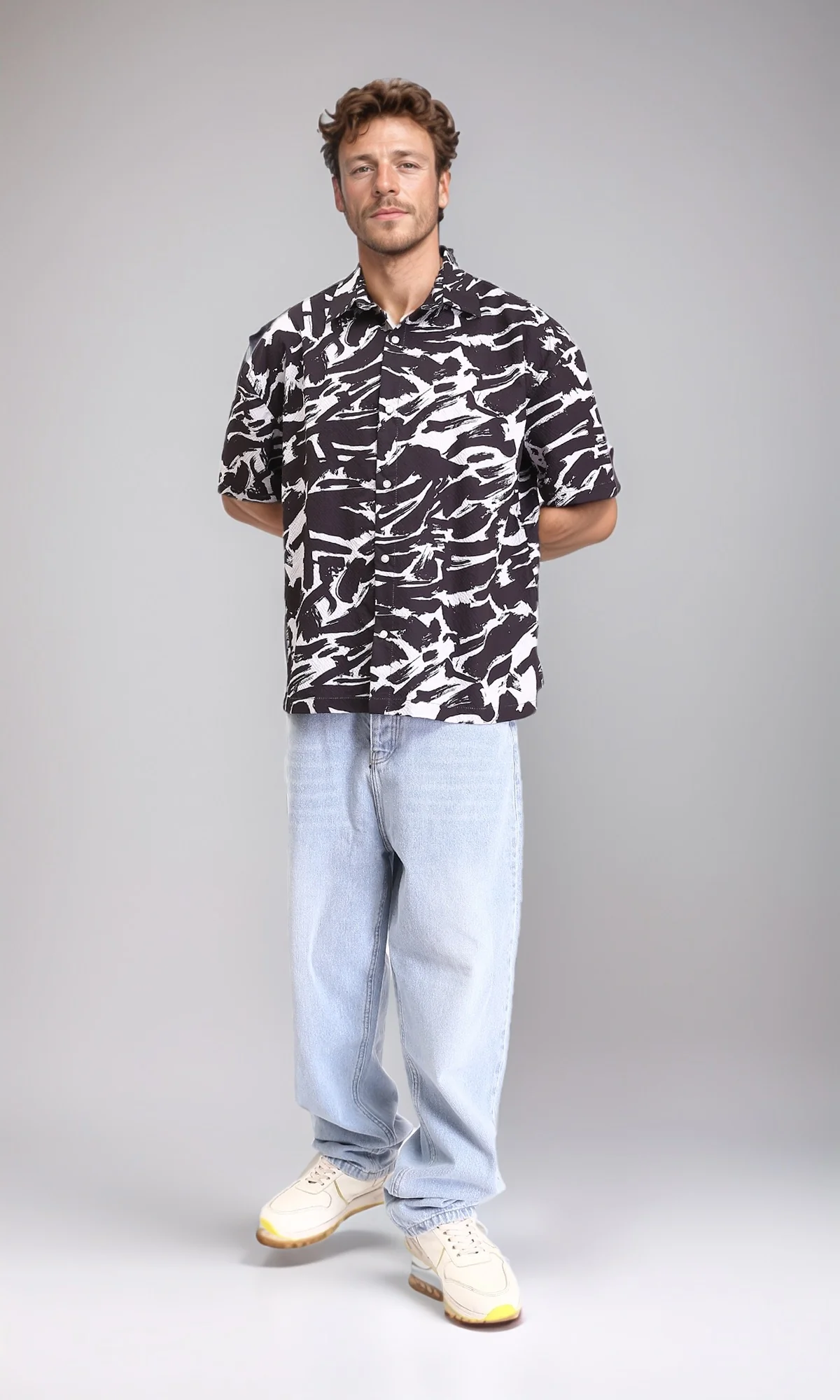 R210017 - Patterned Elbow Sleeves Cotton Shirt - Black & White - Image 5