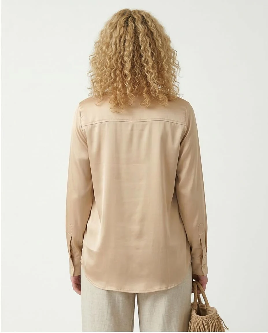 Ravin Women’s Champagne Satin Long-Sleeve Button-Down Shirt - Light Gold - R210027 - Image 2