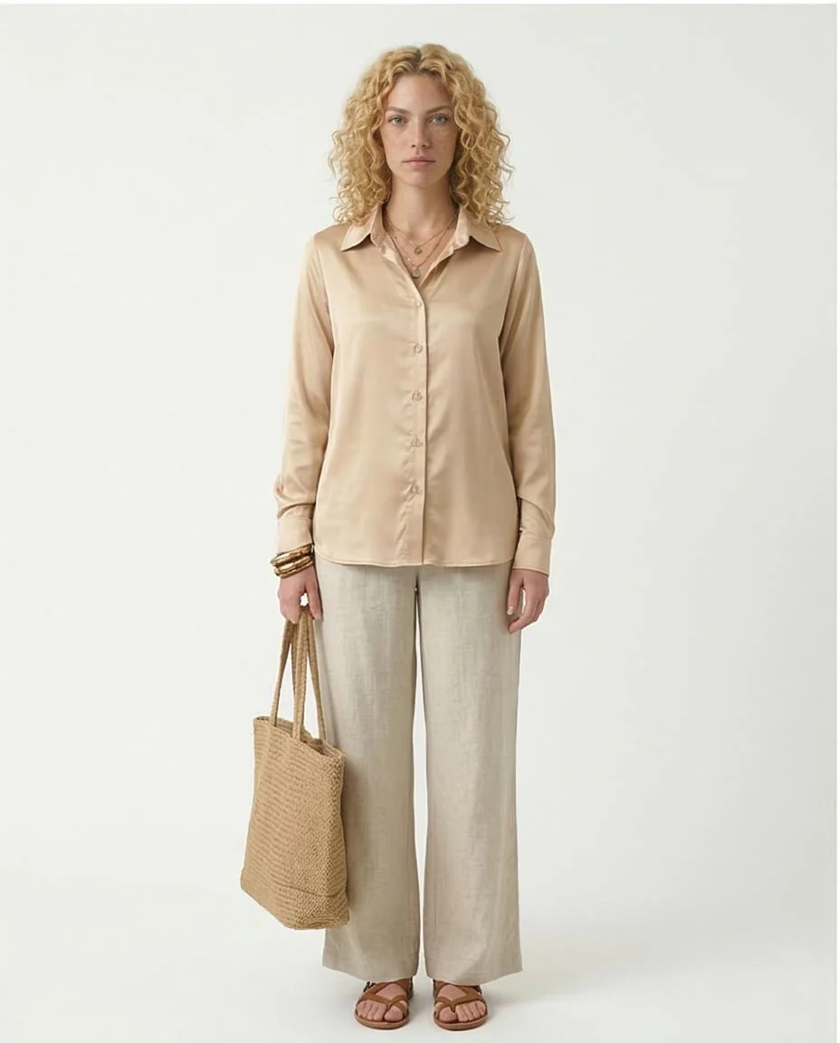 Ravin Women’s Champagne Satin Long-Sleeve Button-Down Shirt - Light Gold - R210027 - Image 3