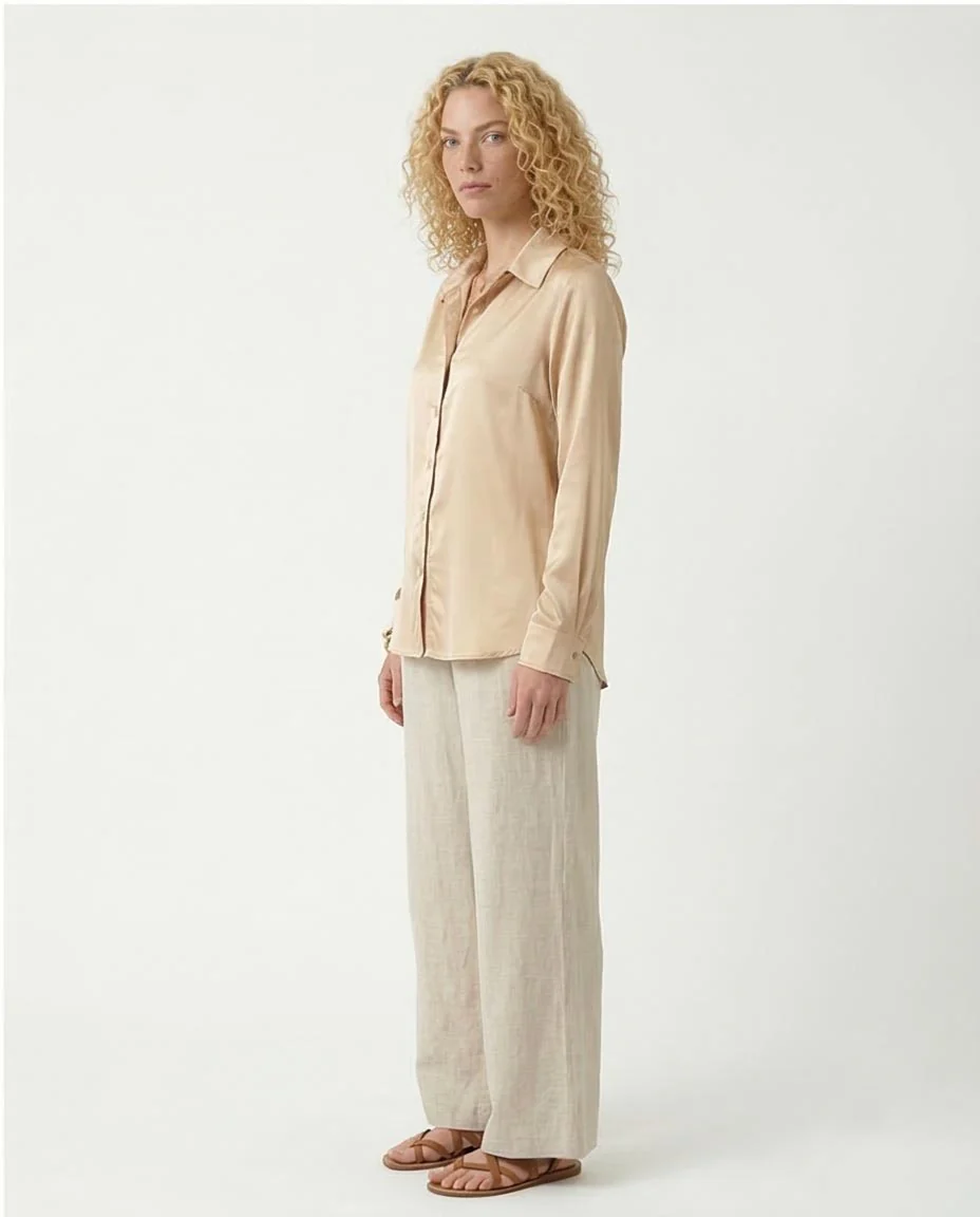 Ravin Women’s Champagne Satin Long-Sleeve Button-Down Shirt - Light Gold - R210027 - Image 5
