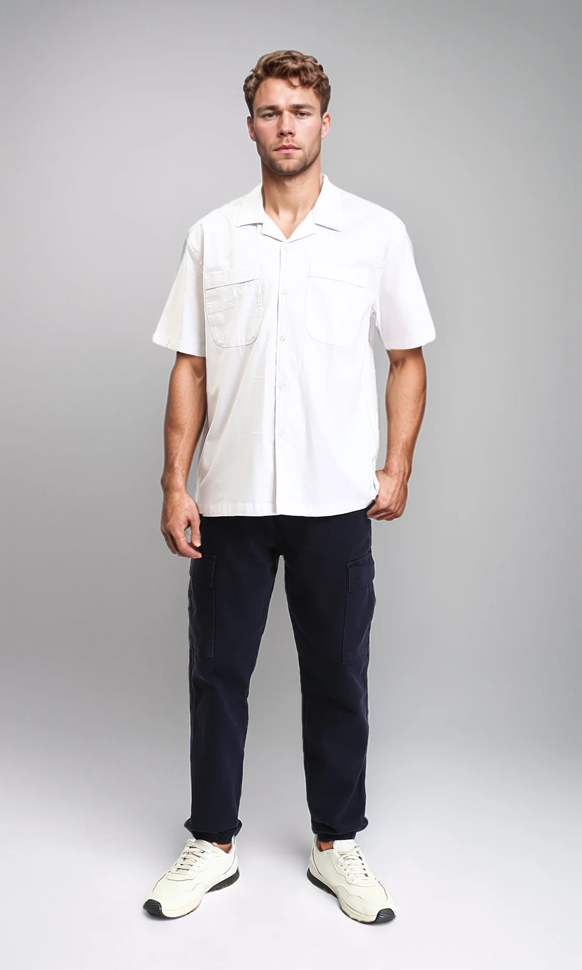 R210046 - Solid Short Sleeves Shirt with Classic Collar - White - Image 4