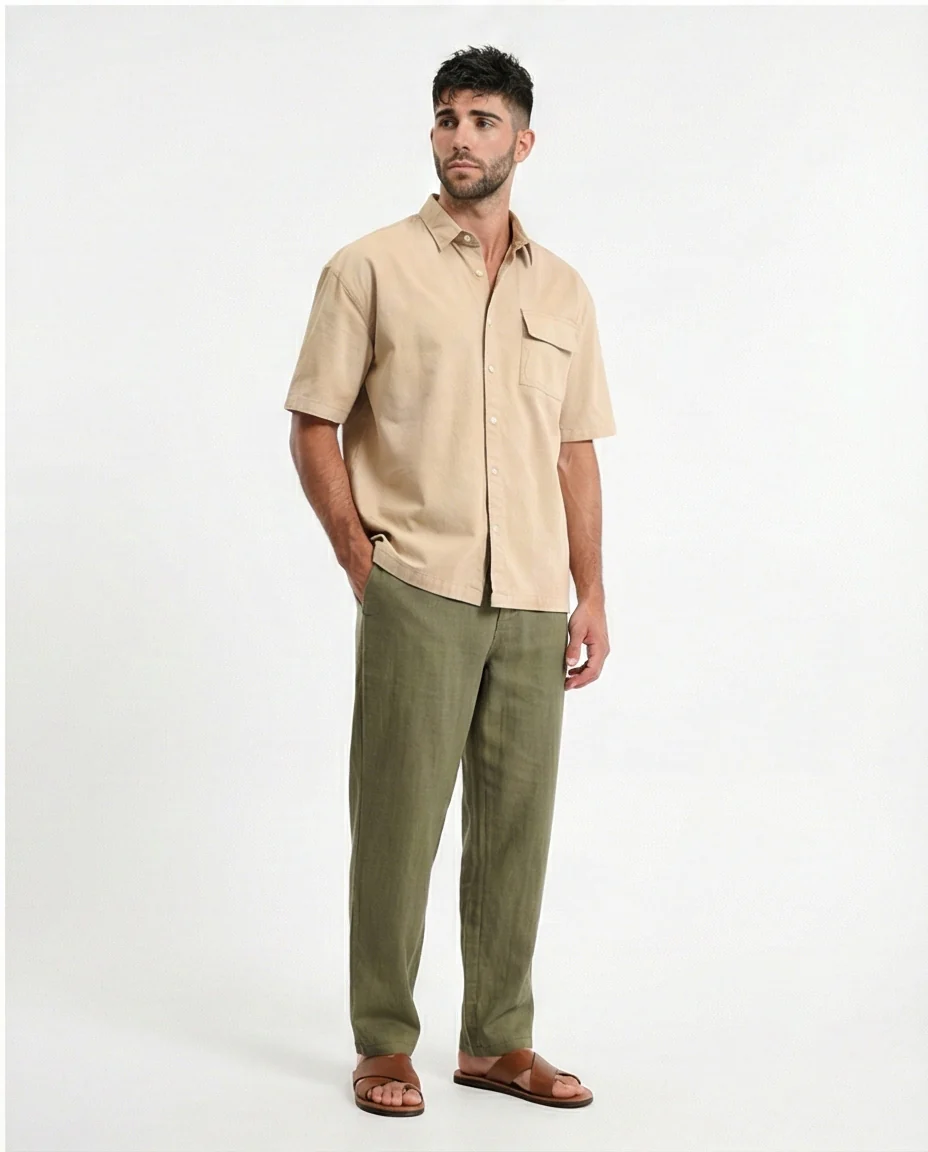 R210048 - Short Sleeves Shirt with Front Pocket - Dark Beige - Image 4