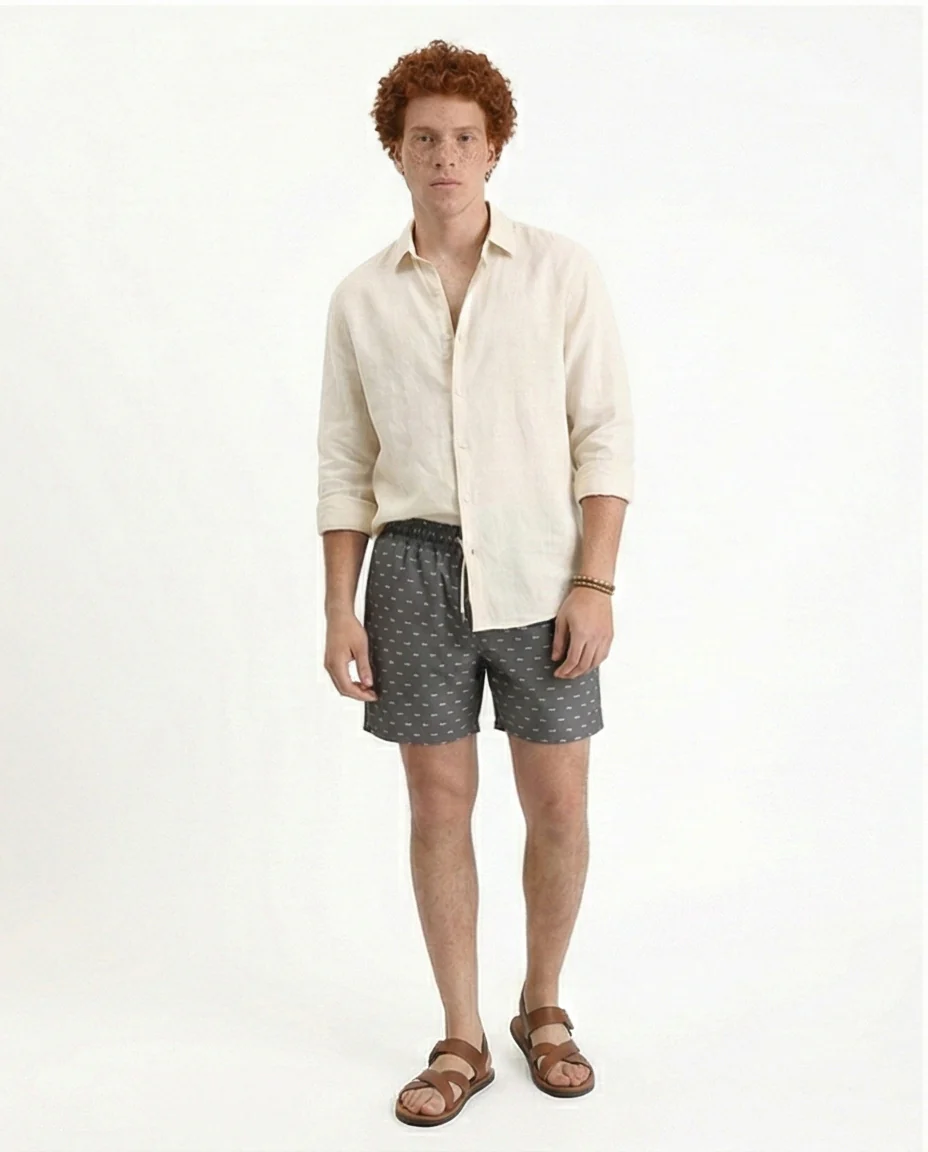 R210293 - Fish Pattern Slip On Swim Short - Dark Grey - Image 3
