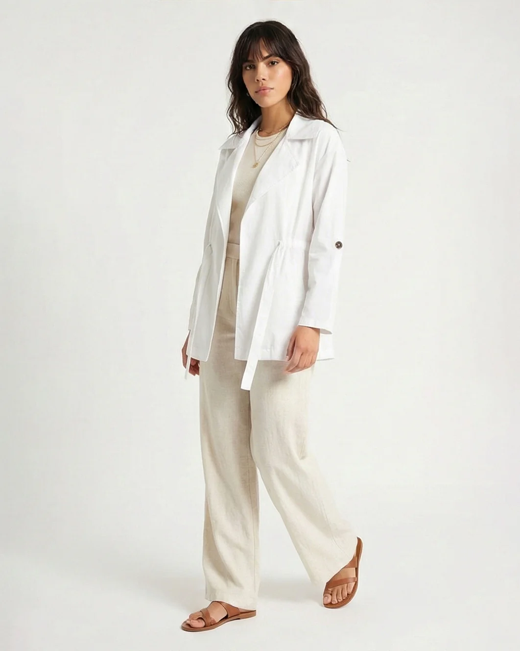 R210310 - Notched Lapel Solid Belted Jacket - White - Image 5