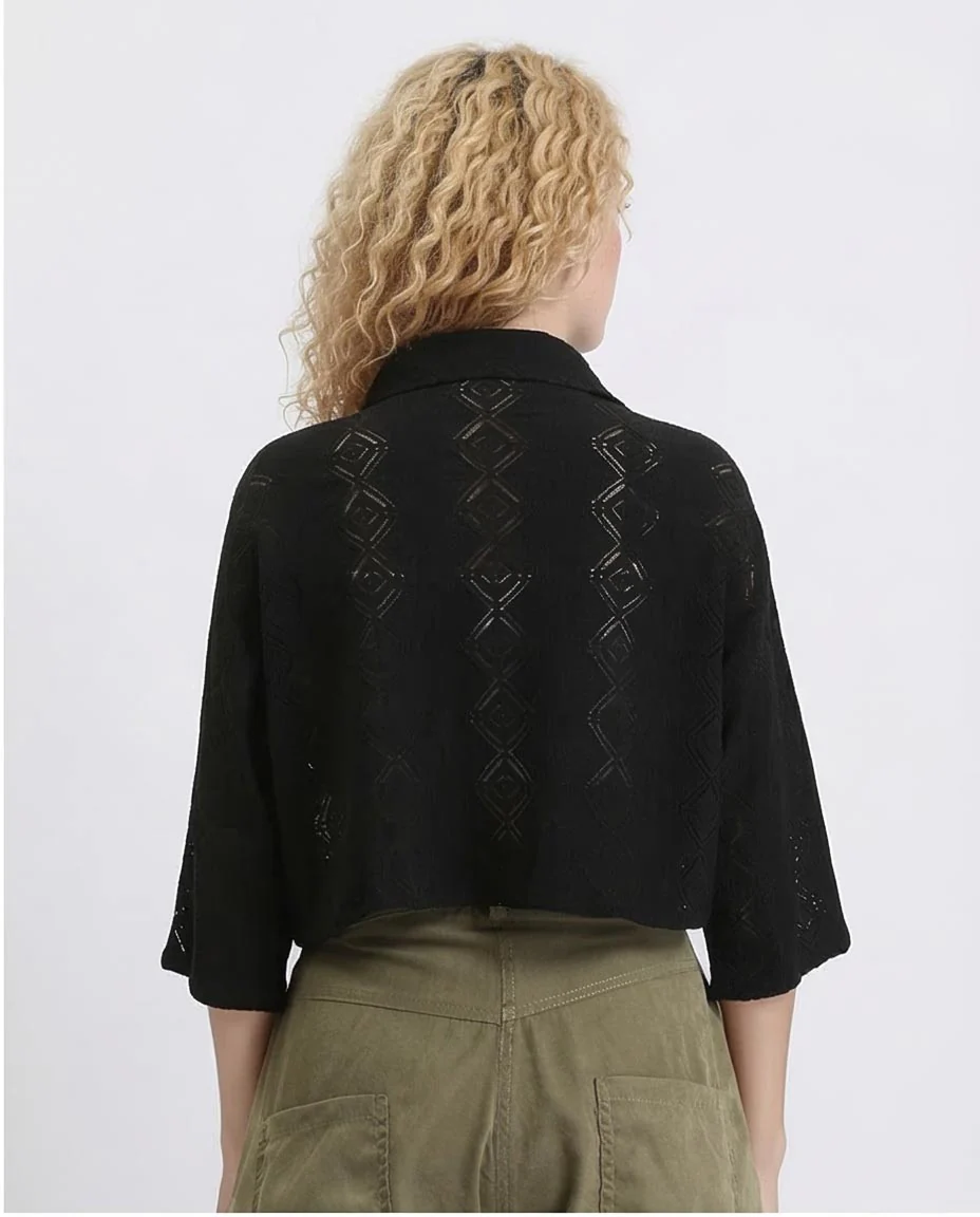 Ravin Diamond-Pattern Eyelet Cropped Shirt - Black - R210314 - Image 2
