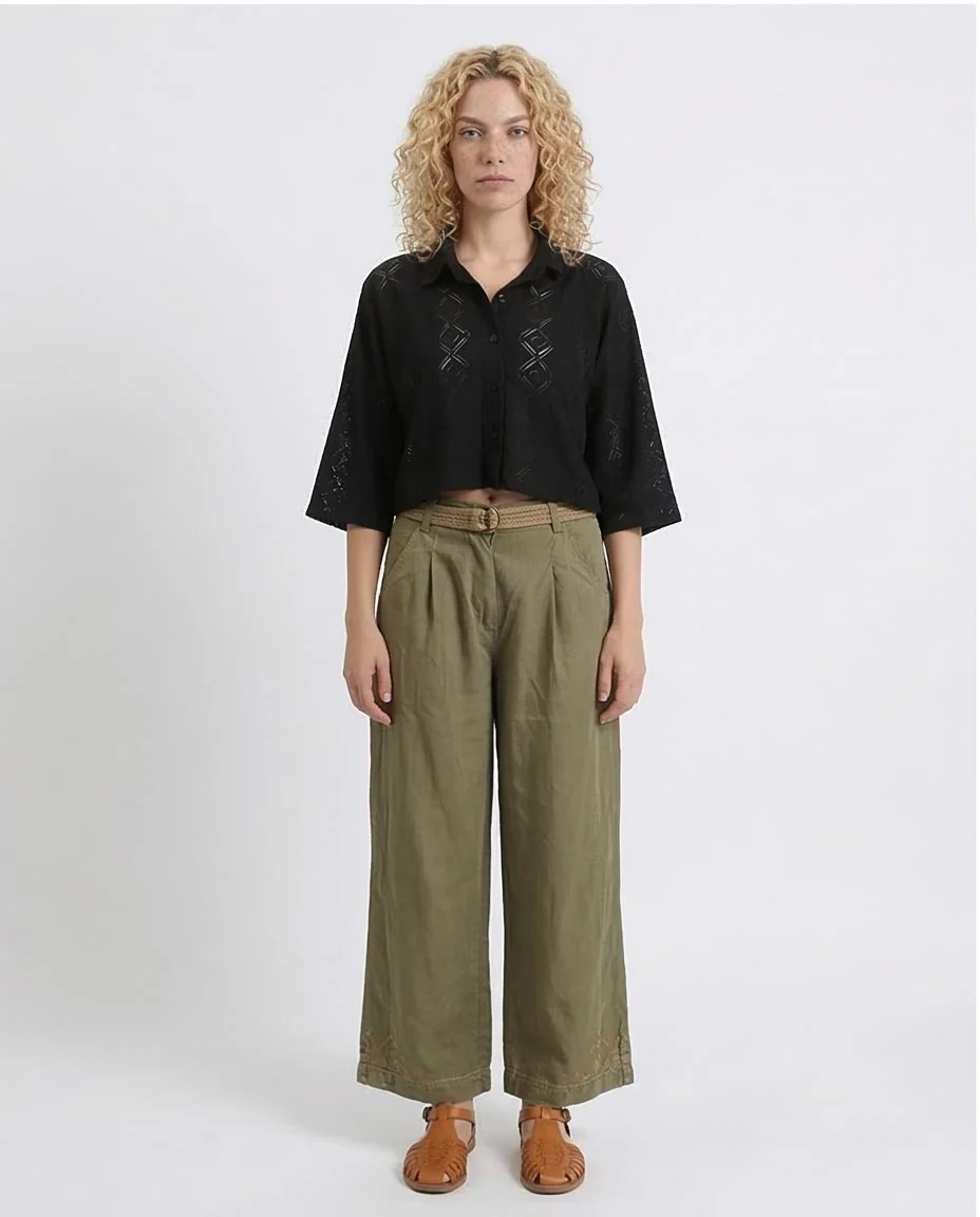 Ravin Diamond-Pattern Eyelet Cropped Shirt - Black - R210314 - Image 3