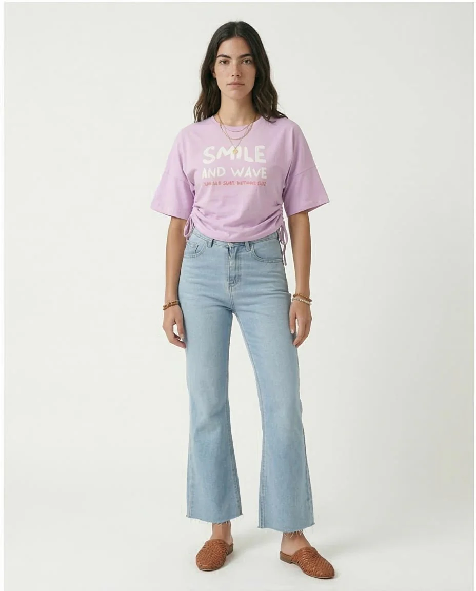 Ravin - Smile and Wave Graphic Side-Cinch Tee - Light Purple - R210321 - Image 3