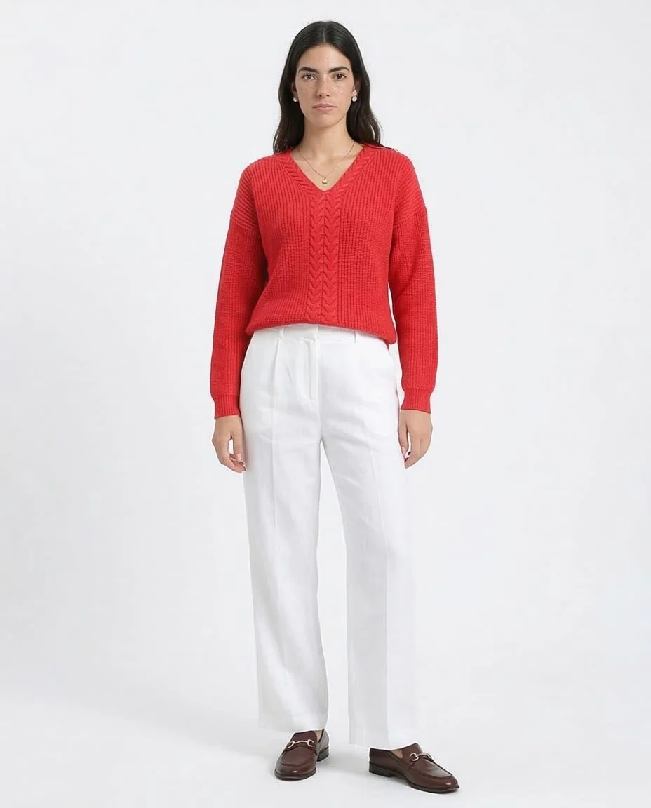 Ravin Women’s V-Neck Cable-Knit Sweater – Festive Red - R210362 - Image 4