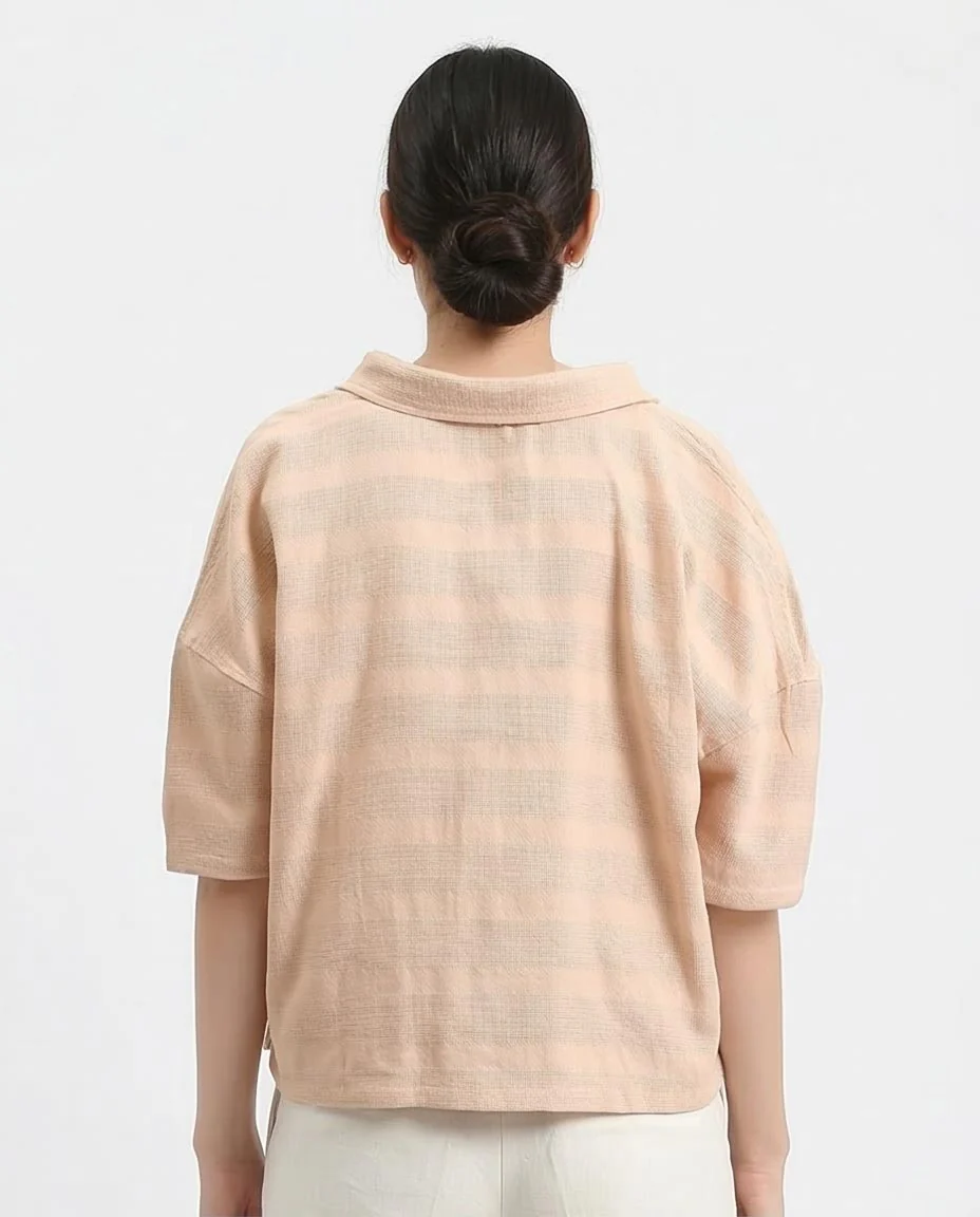 Ravin Women's Wave-Textured Short Sleeve Boxy Shirt – Peach- Dark Beige - R210373 - Image 2