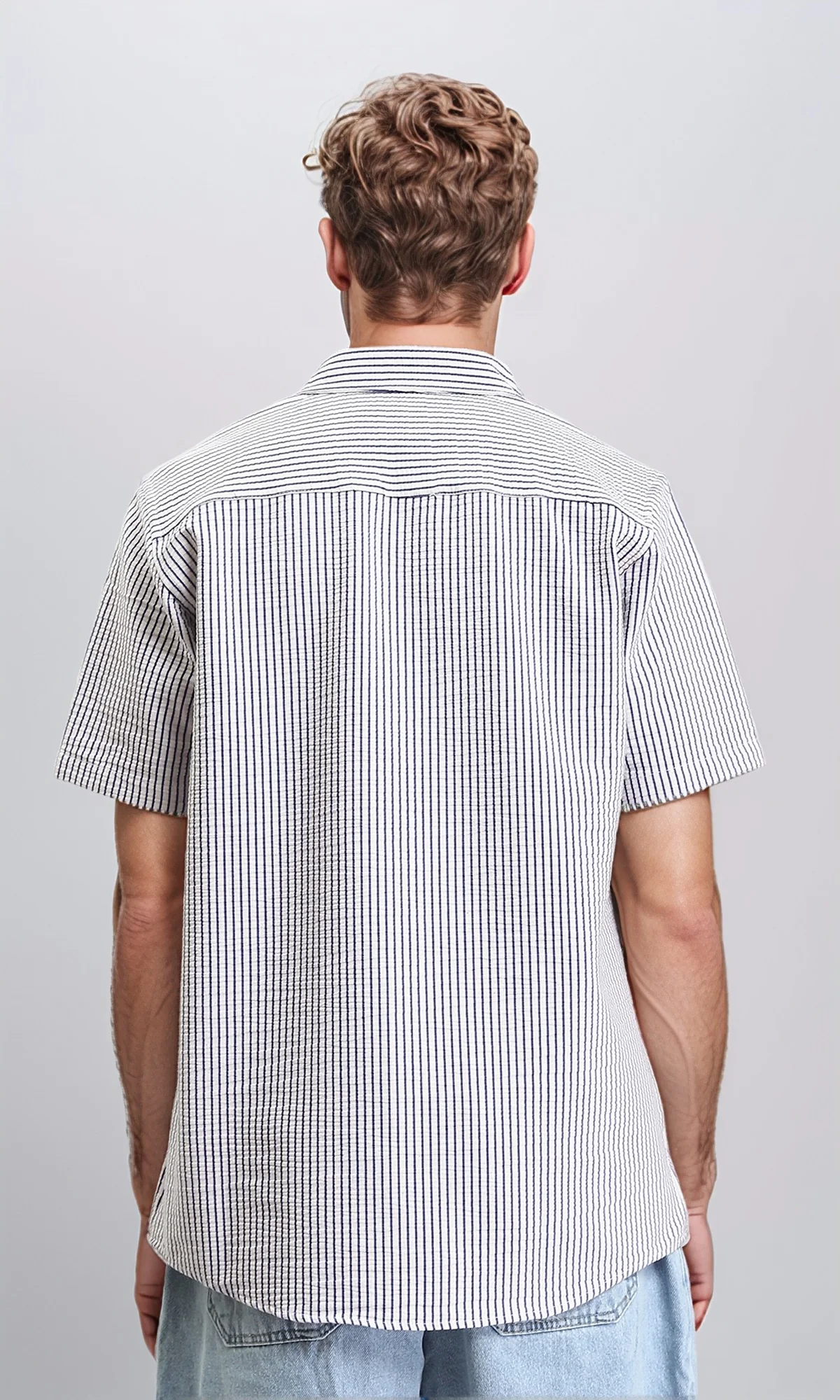 R210502 - Buttons Down Pencil Stripes Shirt - White & Navy Blue - Image 2