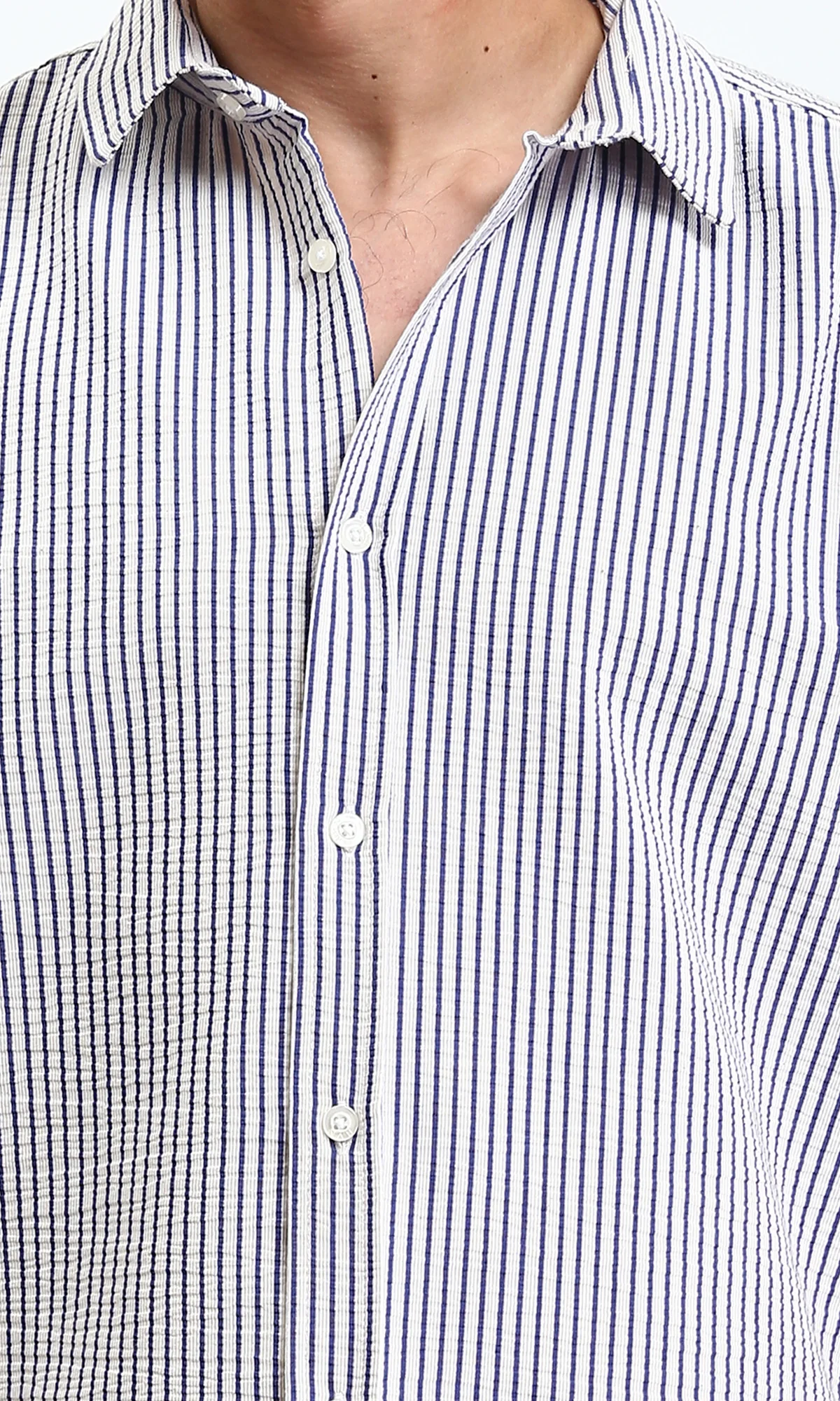 R210502 - Buttons Down Pencil Stripes Shirt - White & Navy Blue - Image 3