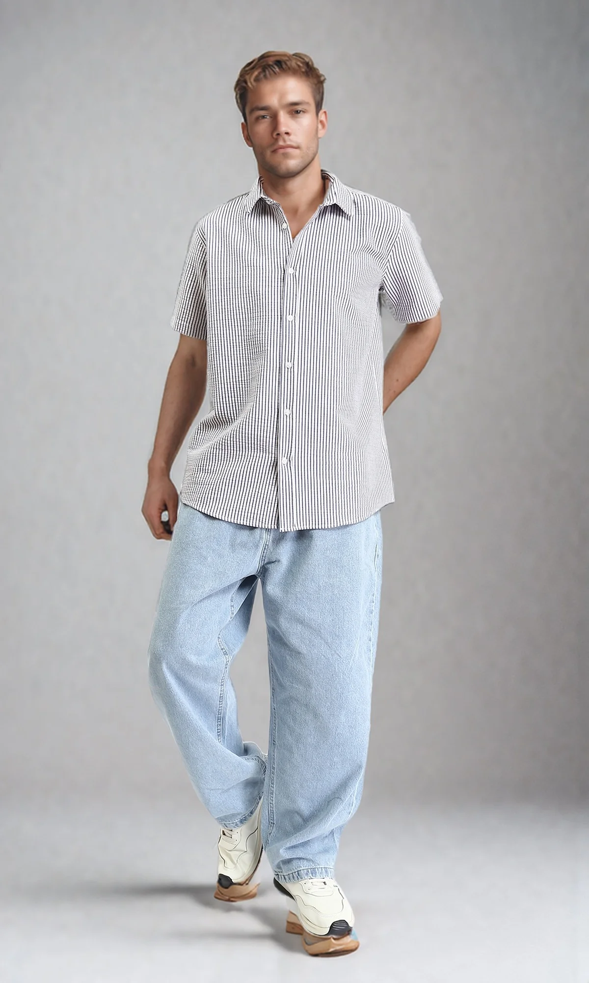 R210502 - Buttons Down Pencil Stripes Shirt - White & Navy Blue - Image 4