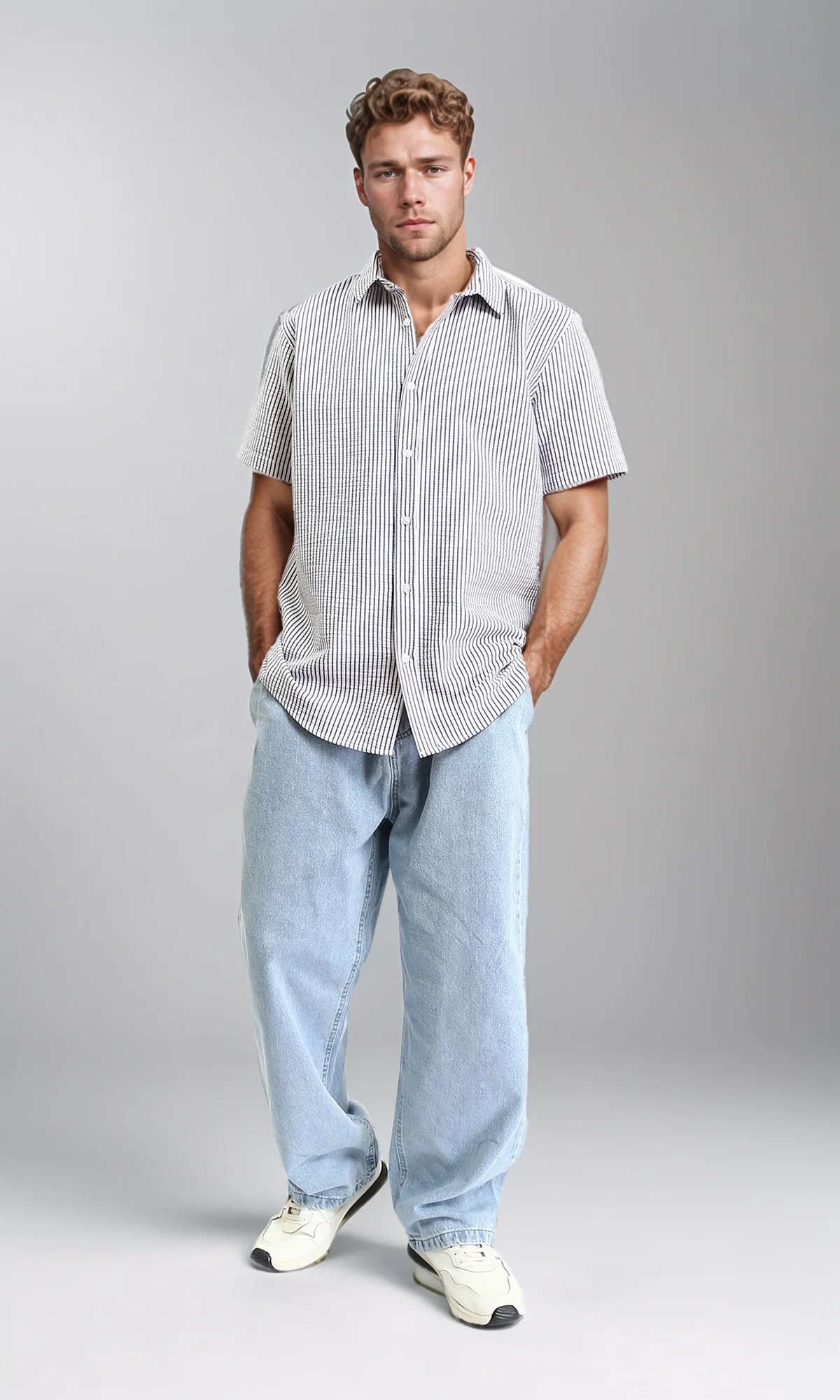R210502 - Buttons Down Pencil Stripes Shirt - White & Navy Blue - Image 5
