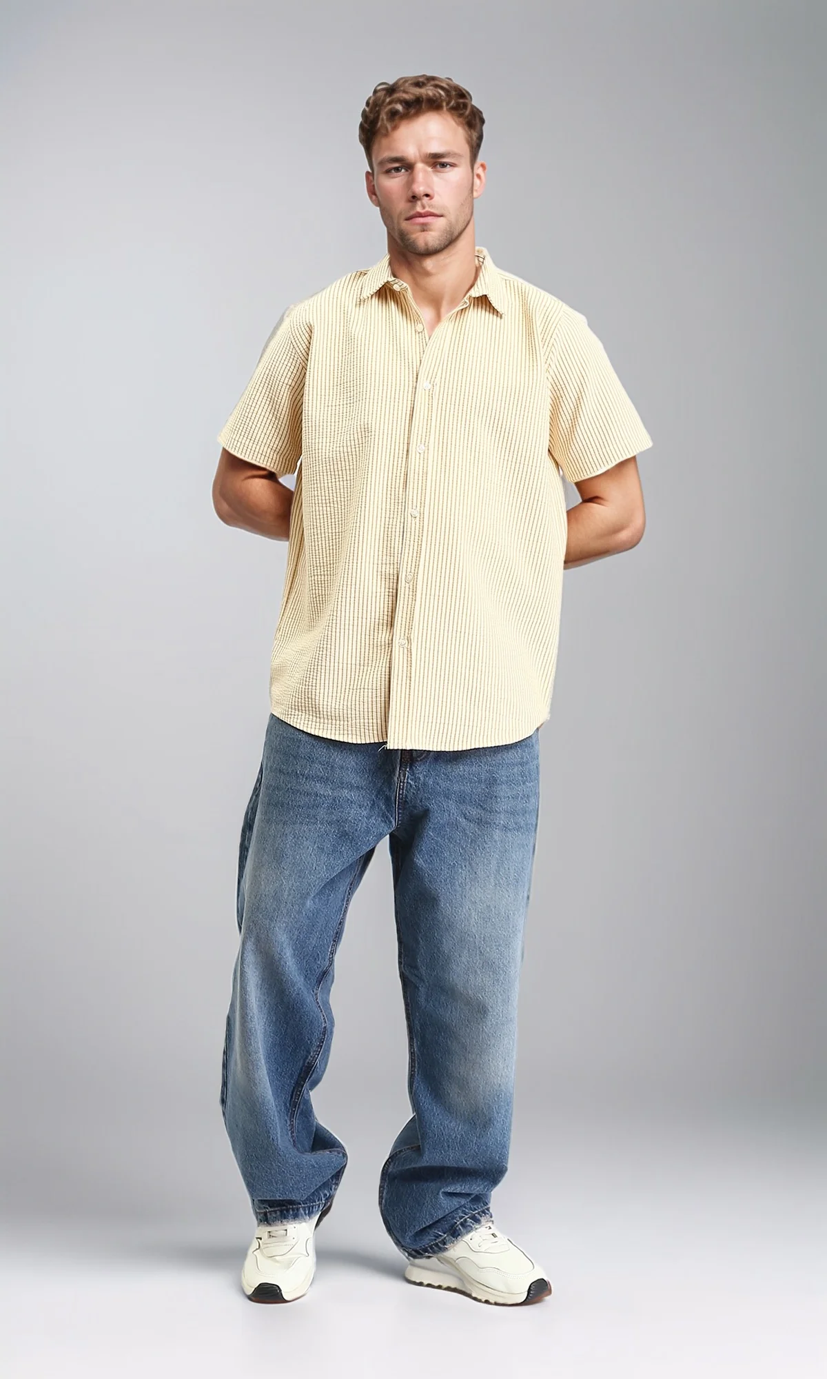 R210503 - Pencil Stripes Short Sleeves Shirt - Beige & Goldenrod - Image 4
