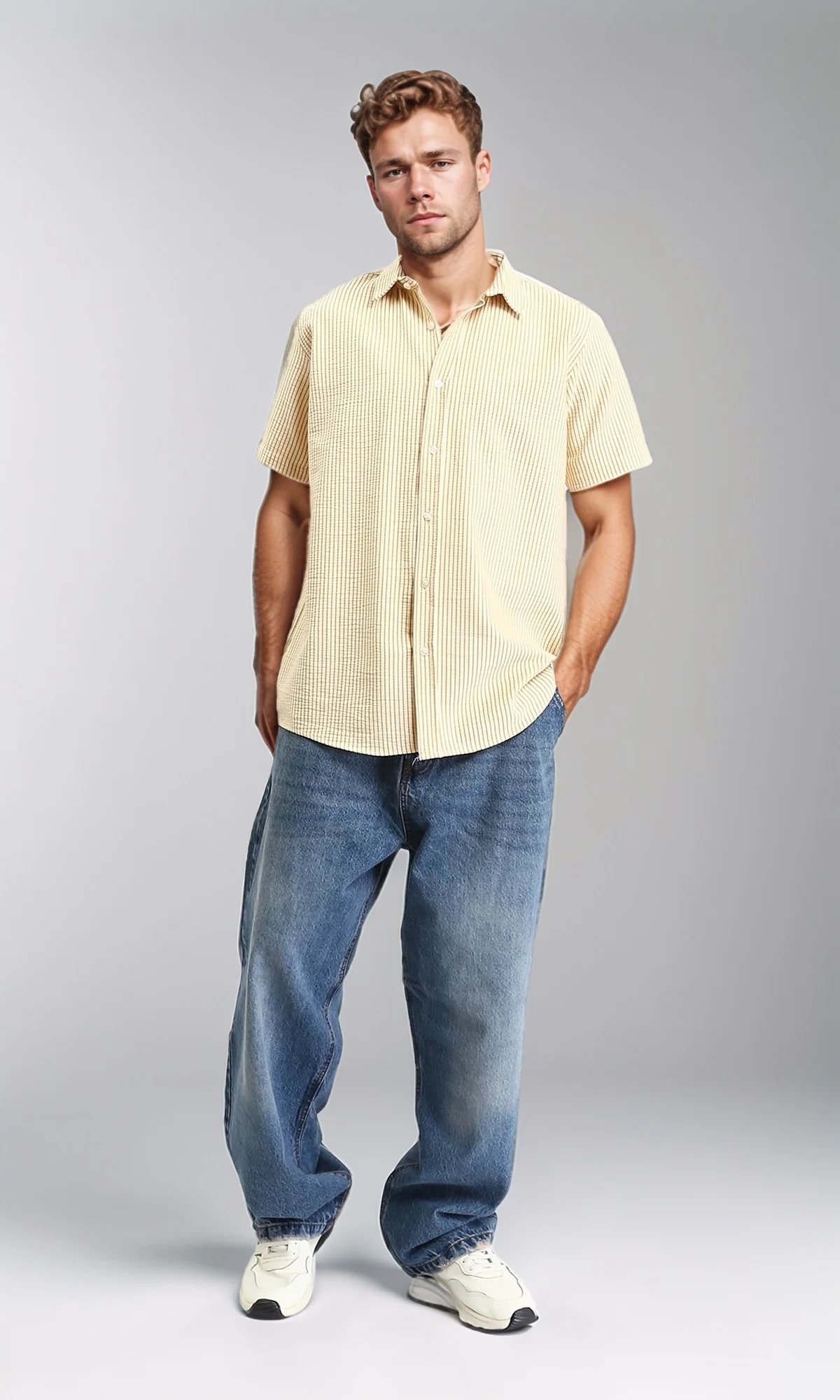R210503 - Pencil Stripes Short Sleeves Shirt - Beige & Goldenrod - Image 5