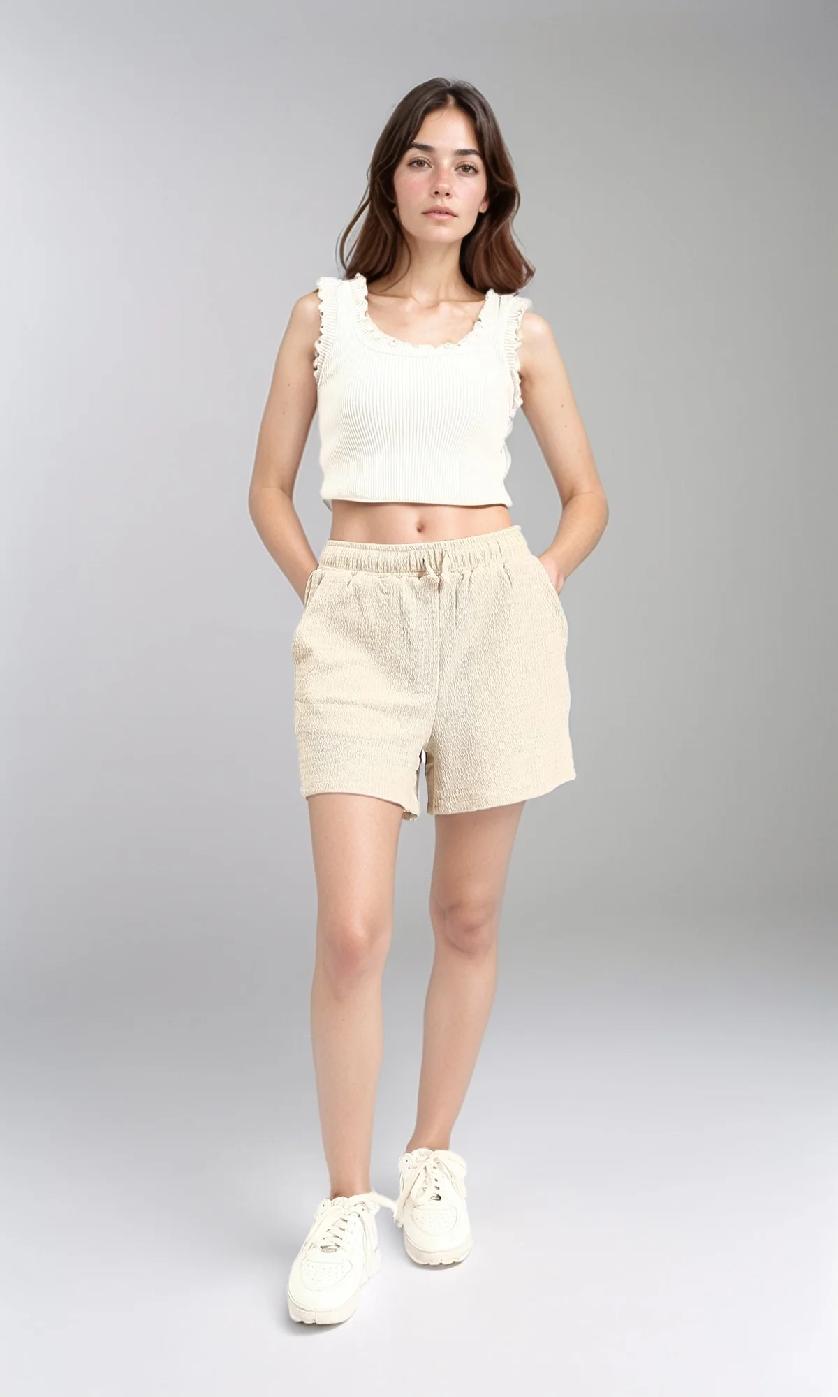 R210504 - Textured Feminine Short with Side Pockets - Beige - Image 4