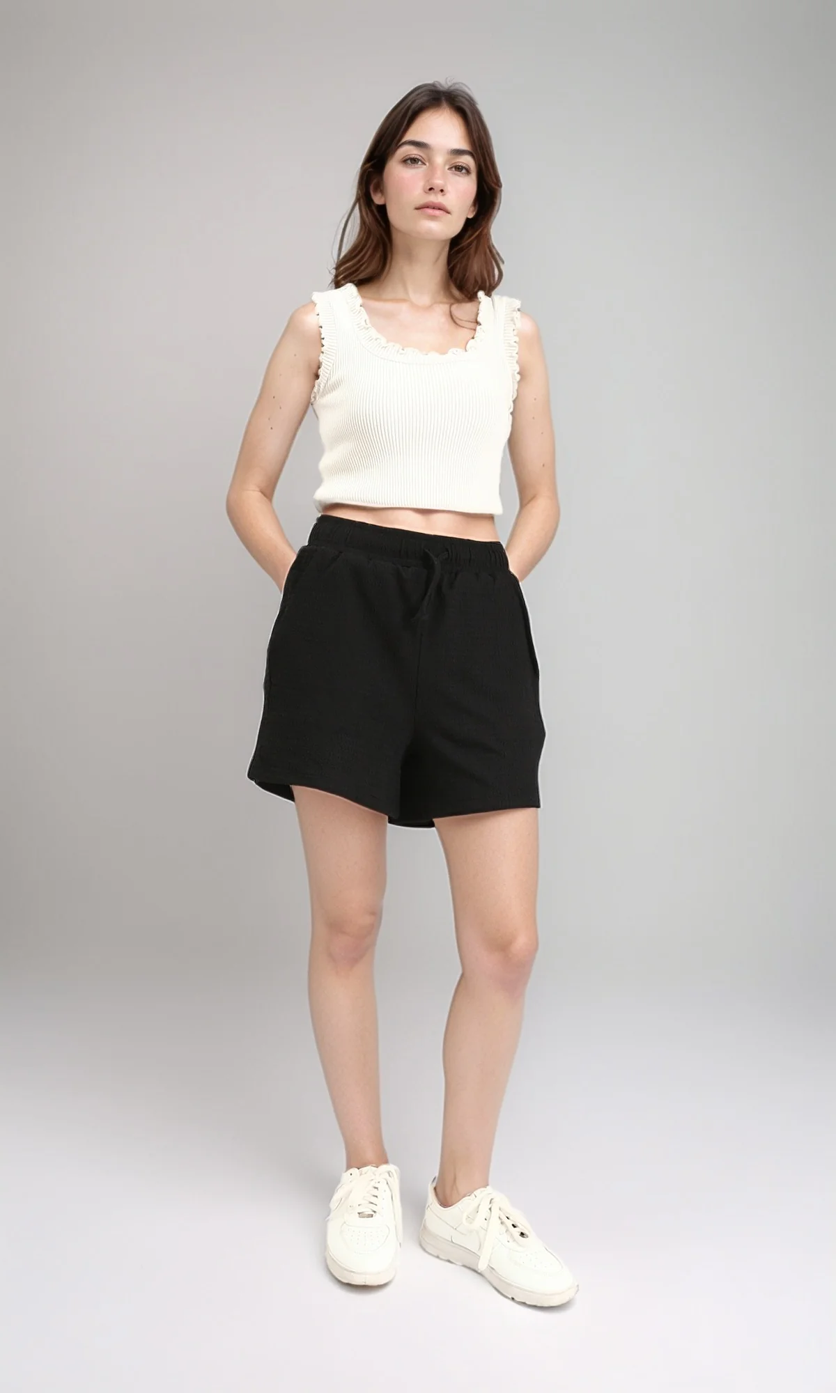 R210507 - Textured Feminine Short with Side Pockets - Black - Image 4