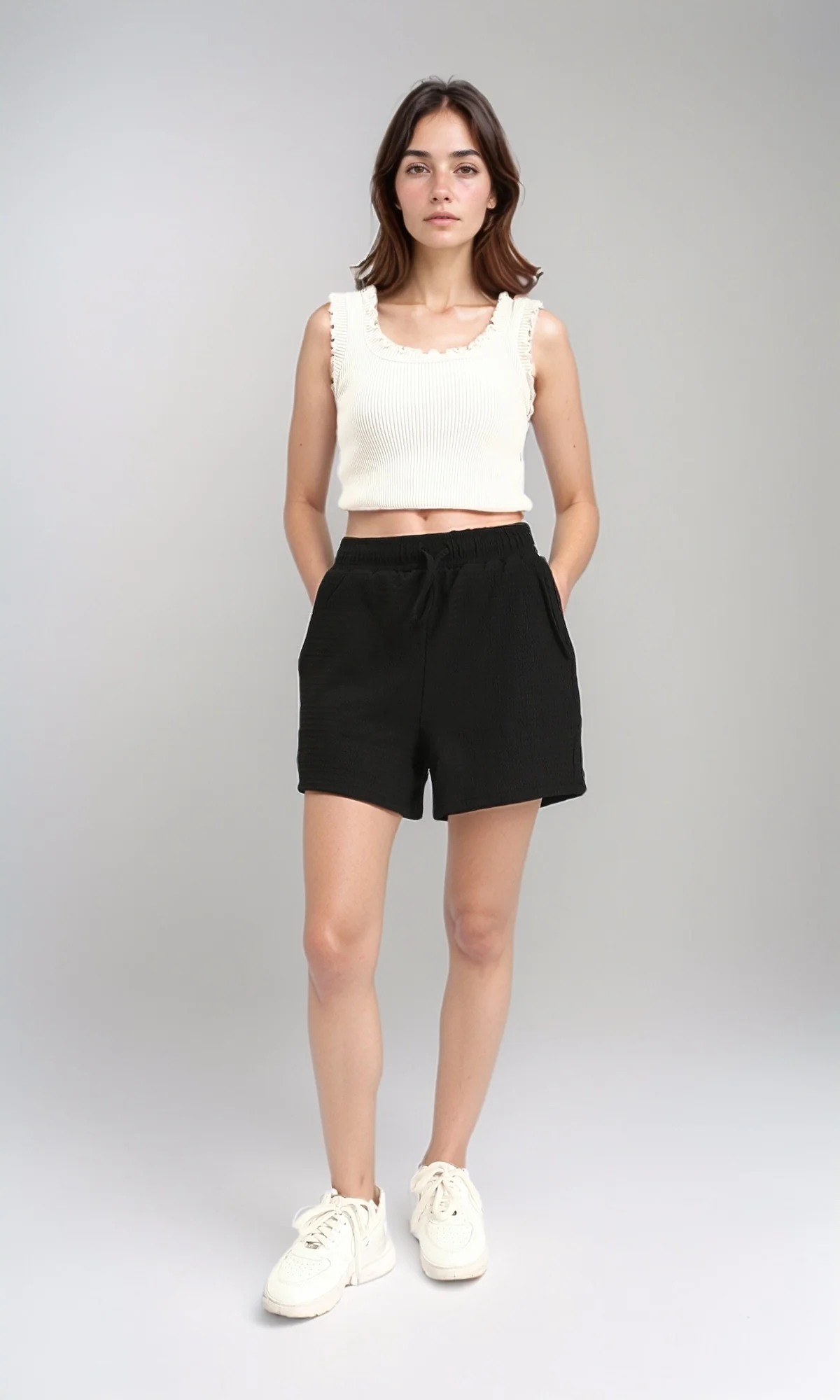 R210507 - Textured Feminine Short with Side Pockets - Black - Image 5