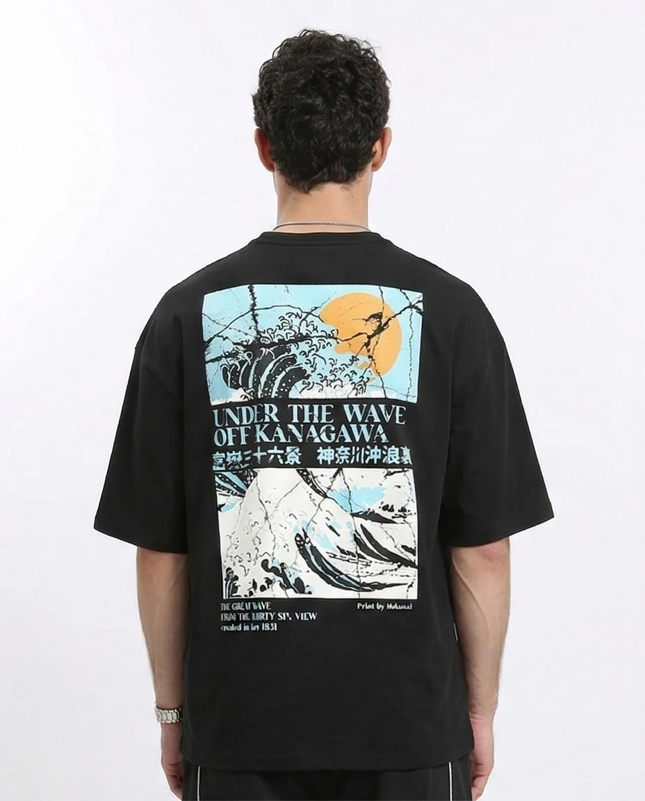 RAVIN Men’s Oversized "Great Wave" Graphic T-Shirt – Black - R210524 - Image 2