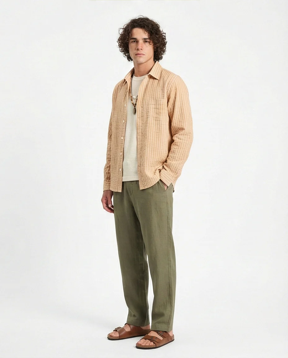 R210539 - Striped Long Sleeves Casual Shirt - Camel & White - Image 5
