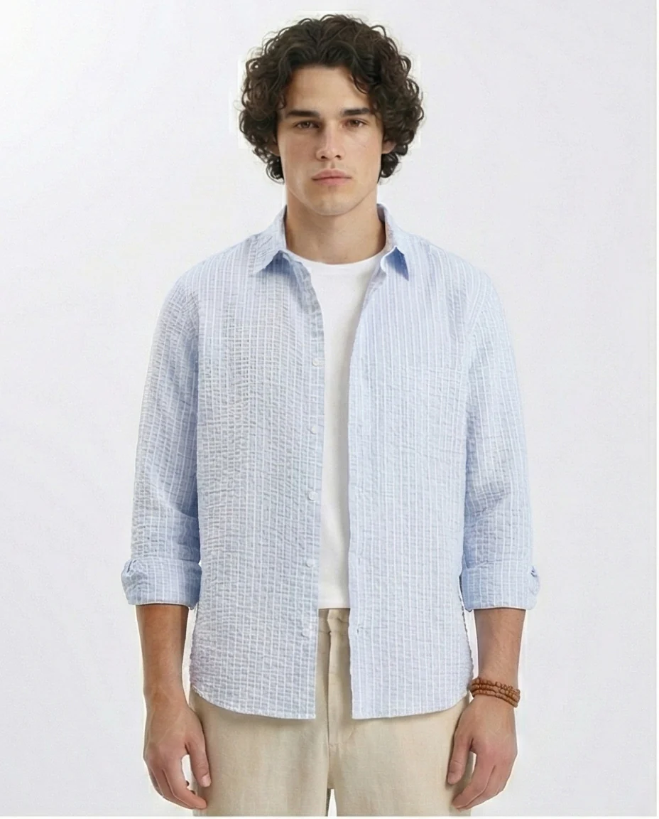 R210540 - Patterned Long Sleeves Cotton Shirt - Light Blue