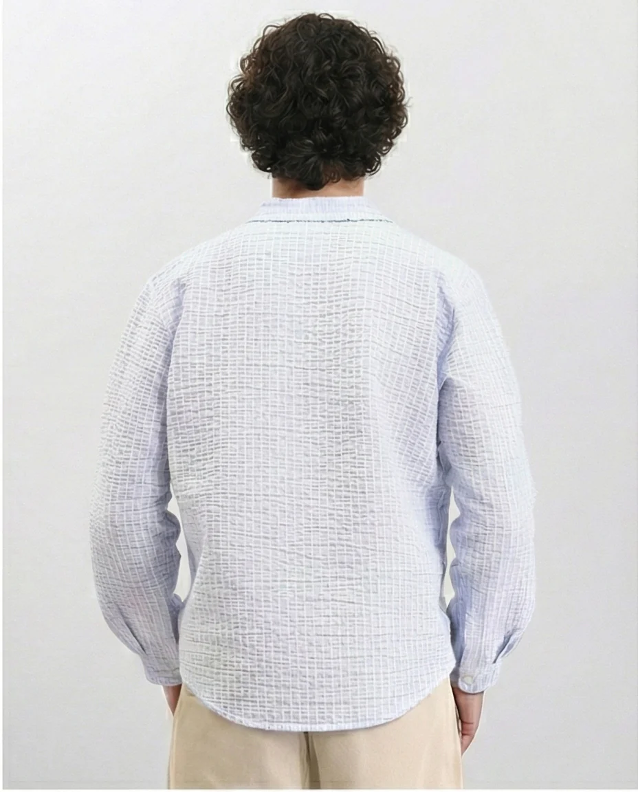 R210540 - Patterned Long Sleeves Cotton Shirt - Light Blue - Image 2