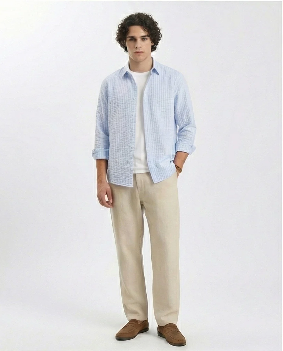 R210540 - Patterned Long Sleeves Cotton Shirt - Light Blue - Image 3