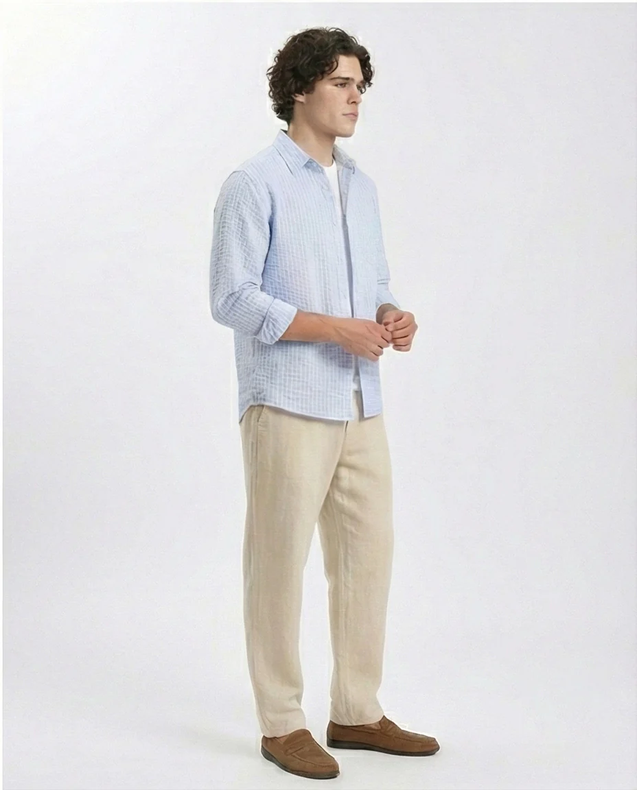 R210540 - Patterned Long Sleeves Cotton Shirt - Light Blue - Image 4