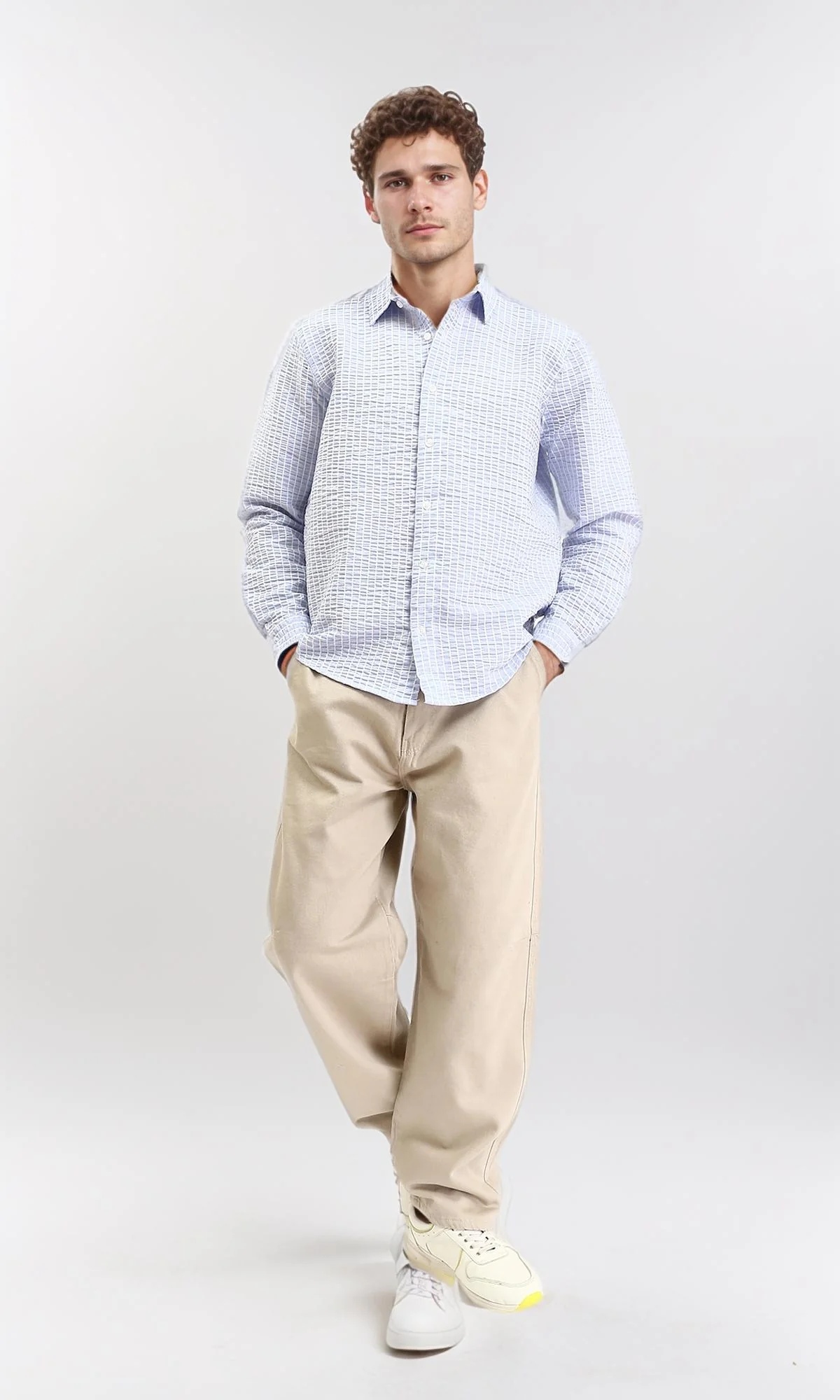 R210540 - Patterned Long Sleeves Cotton Shirt - Light Blue - Image 5