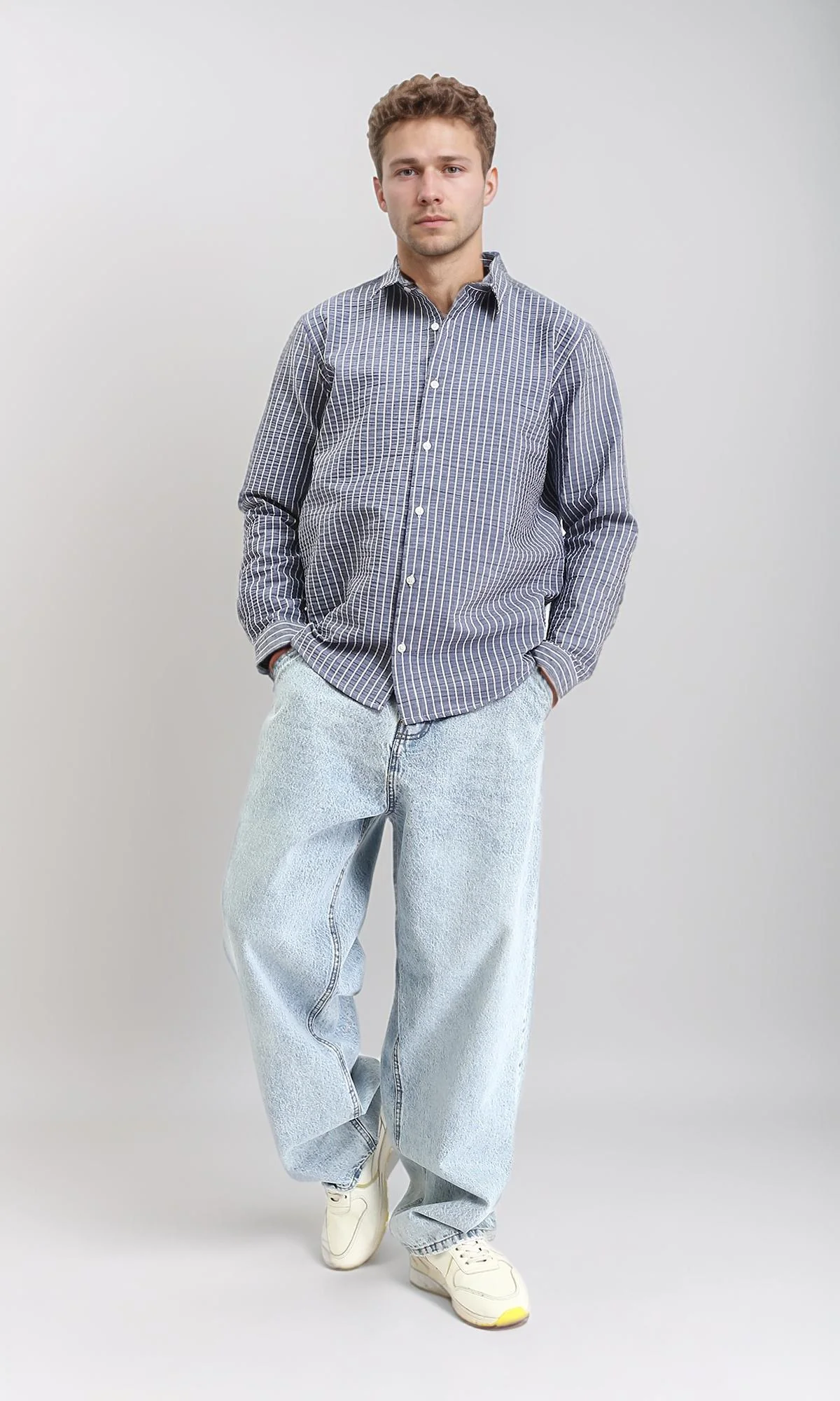 R210541 - Patterned Long Sleeves Cotton Shirt - Navy Blue - Image 5