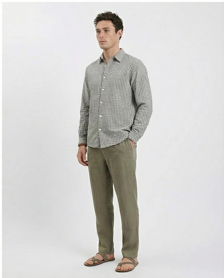 R210542 - Patterned Long Sleeves Cotton Shirt - Dark Grey - Image 4
