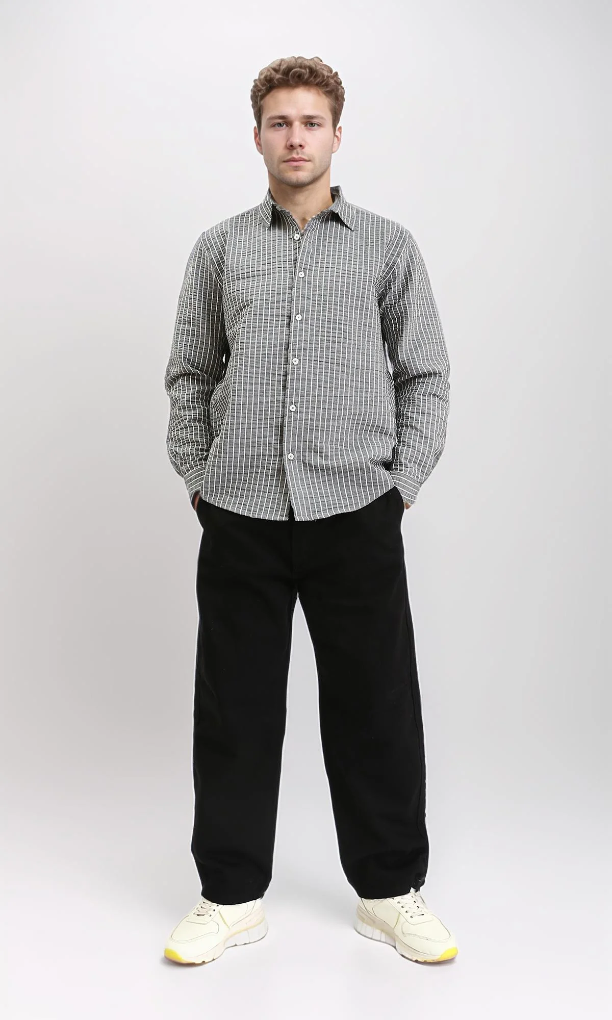 R210542 - Patterned Long Sleeves Cotton Shirt - Dark Grey - Image 5