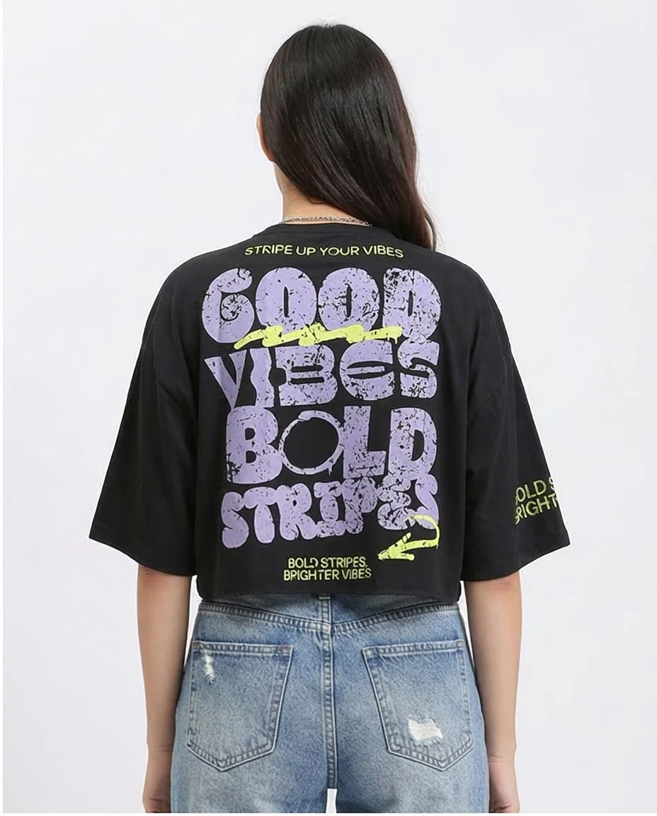 Ravin "Good Vibes" Distressed Graphic Crop T-Shirt - Black - R210551 - Image 2