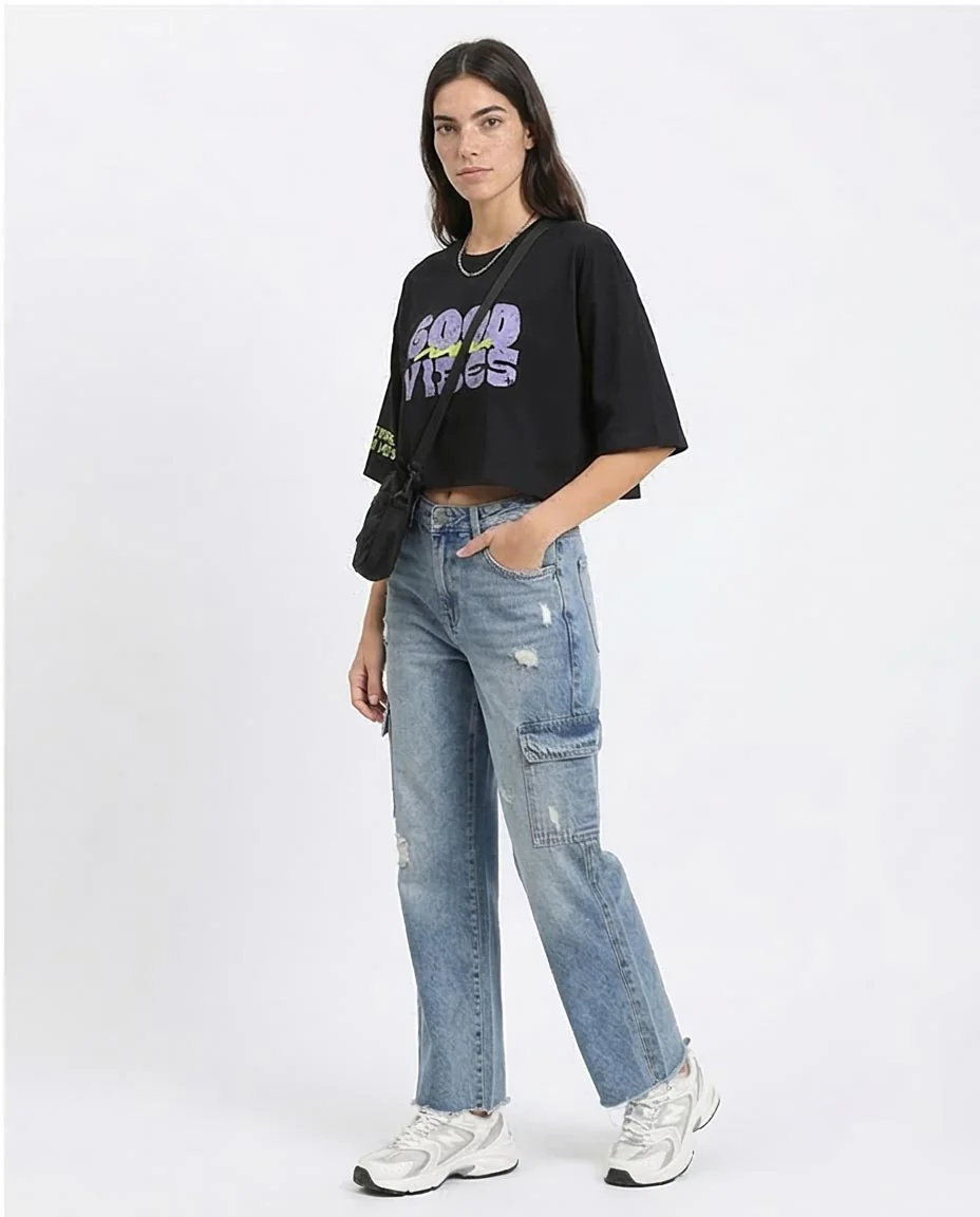 Ravin "Good Vibes" Distressed Graphic Crop T-Shirt - Black - R210551 - Image 5