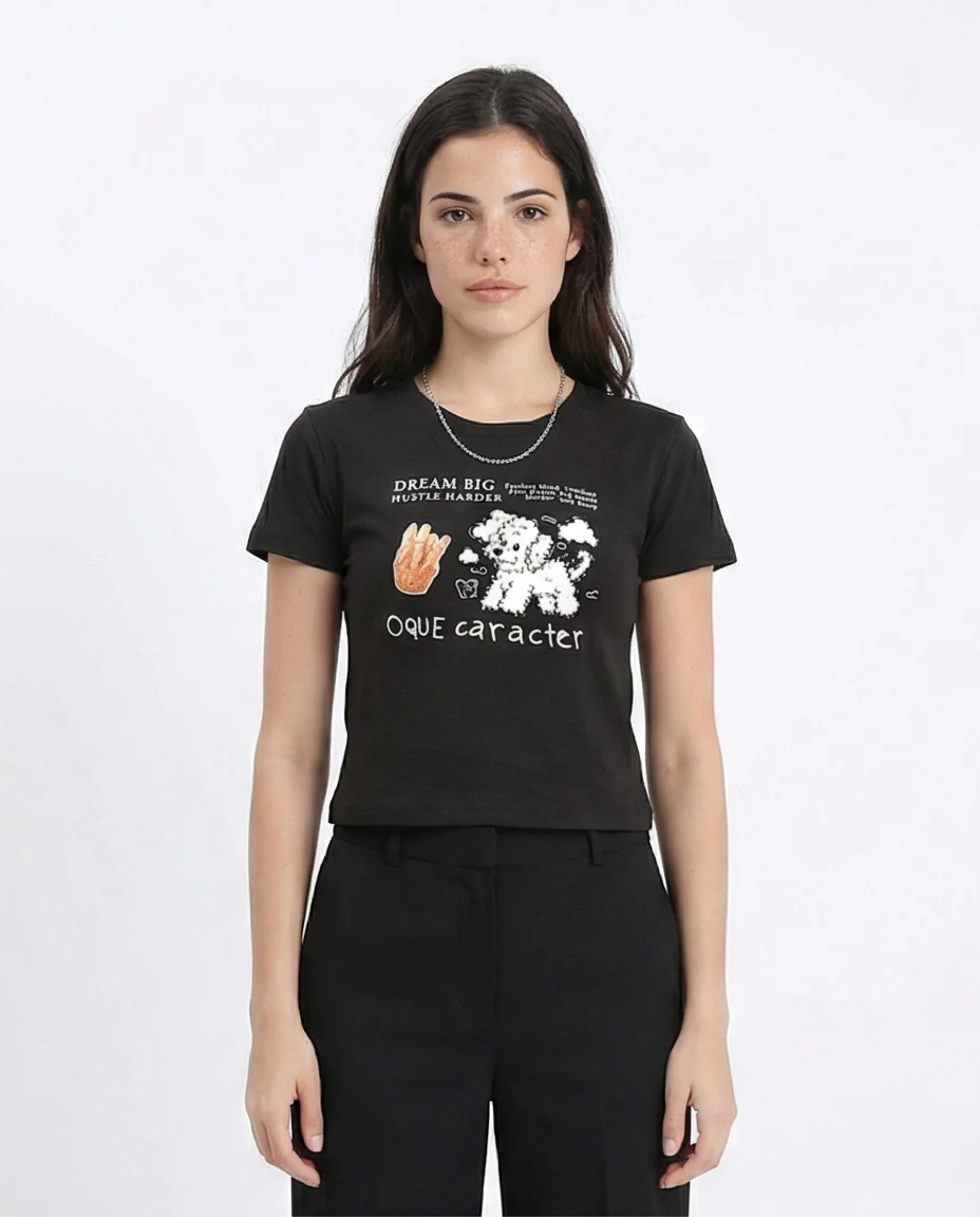 R210557 - Printed Crew Neck Regular Tee - Black