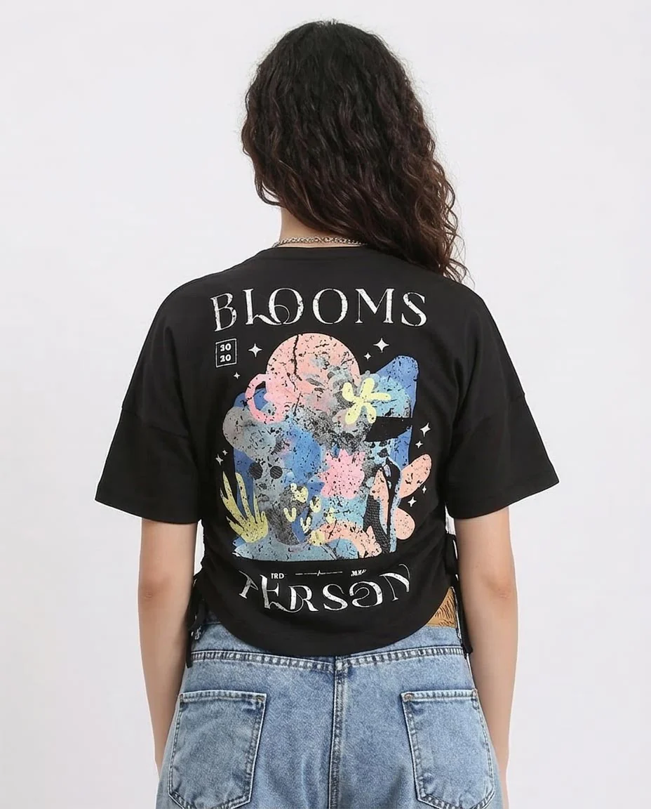Ravin Women's Side-Cinch Graphic T-Shirt – "Blooms Person" Distressed Print - Black -R210558 - Image 2