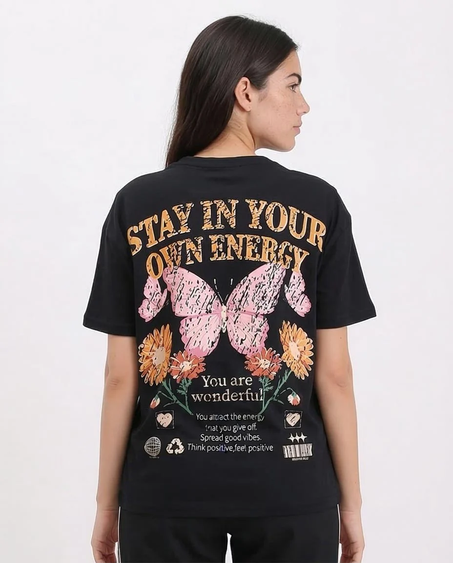 Ravin Women's Oversized "Stay In Your Own Energy" Butterfly Graphic T-Shirt – Black - R210562 - Image 2