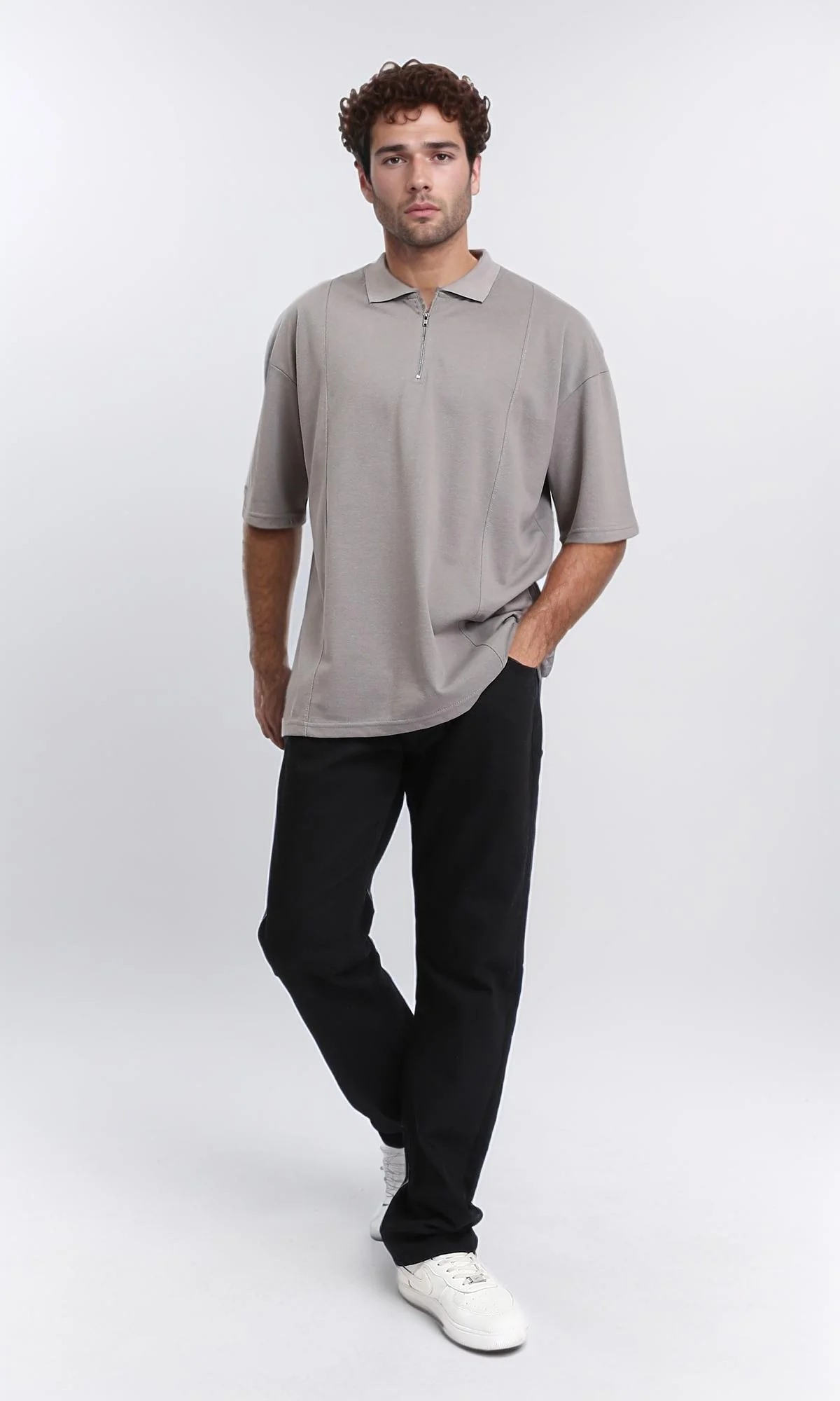 R210628 - Relaxed Fit Zipped Polo Shirt - Taupe - Image 4