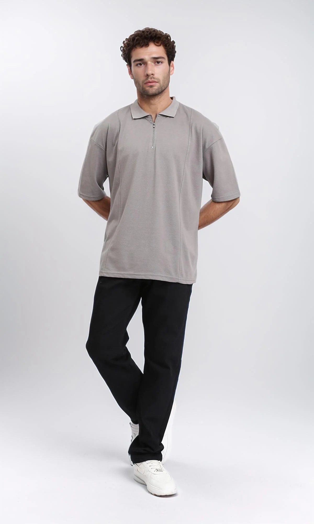 R210628 - Relaxed Fit Zipped Polo Shirt - Taupe - Image 5