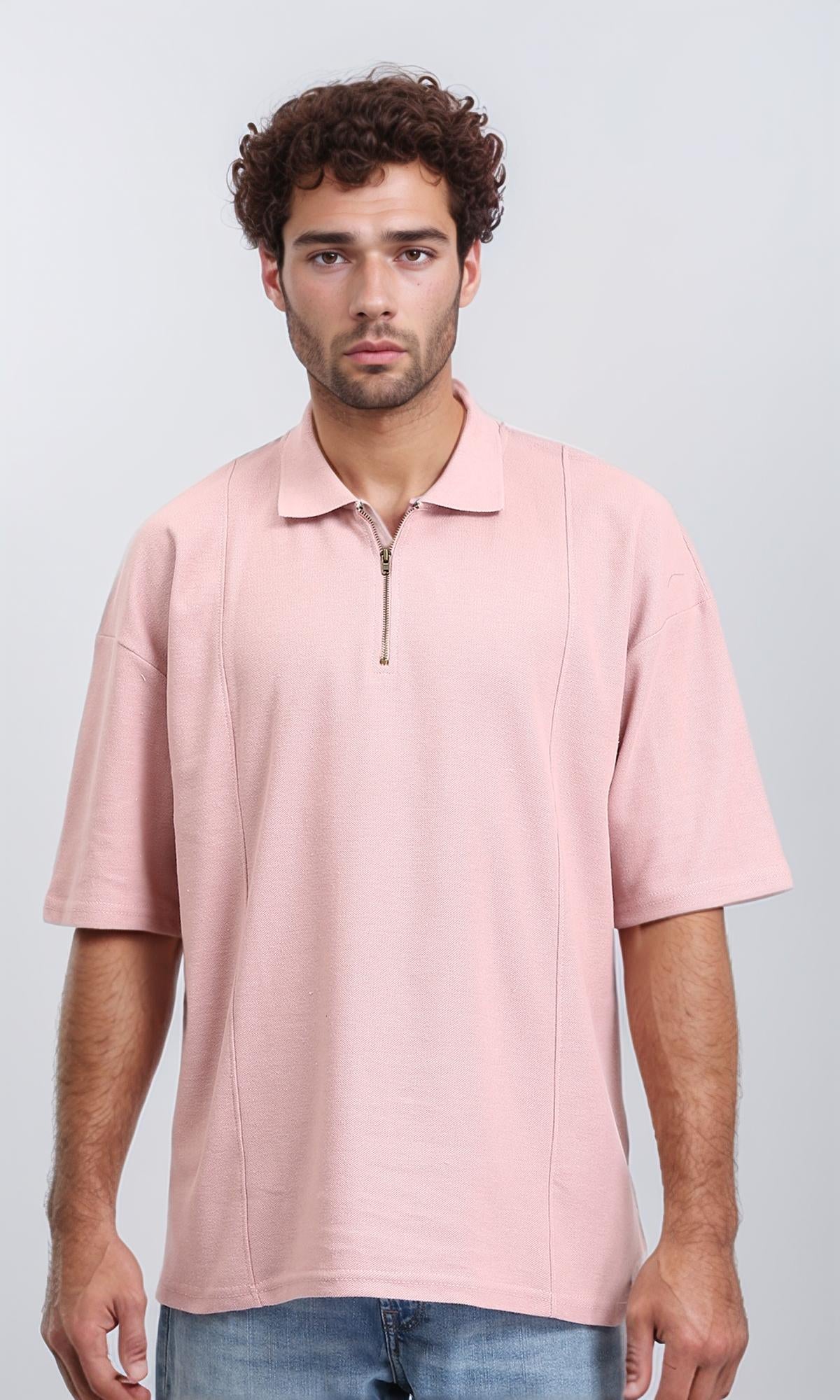 R210630 - Relaxed Fit Zipped Polo Shirt - Rose