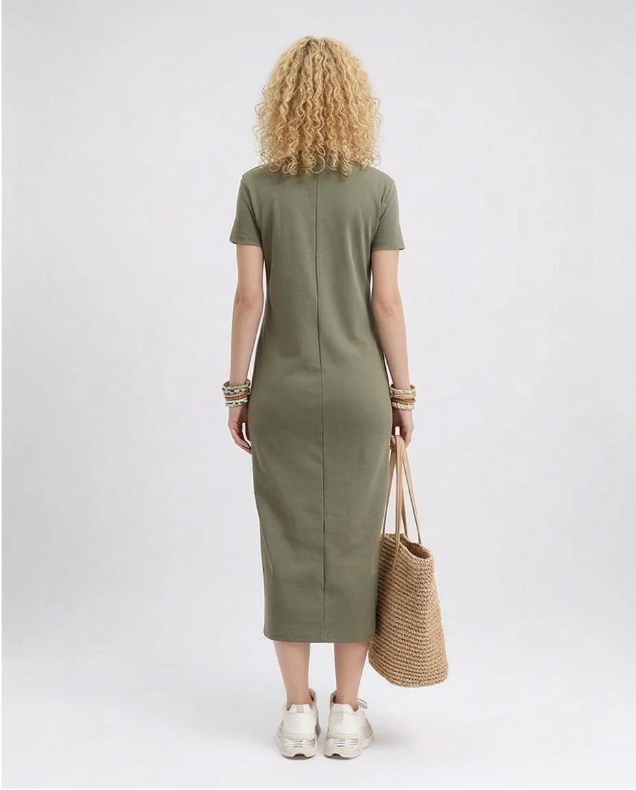 Short Sleeves Solid Midi Dress - Olive - R210661 - Image 2