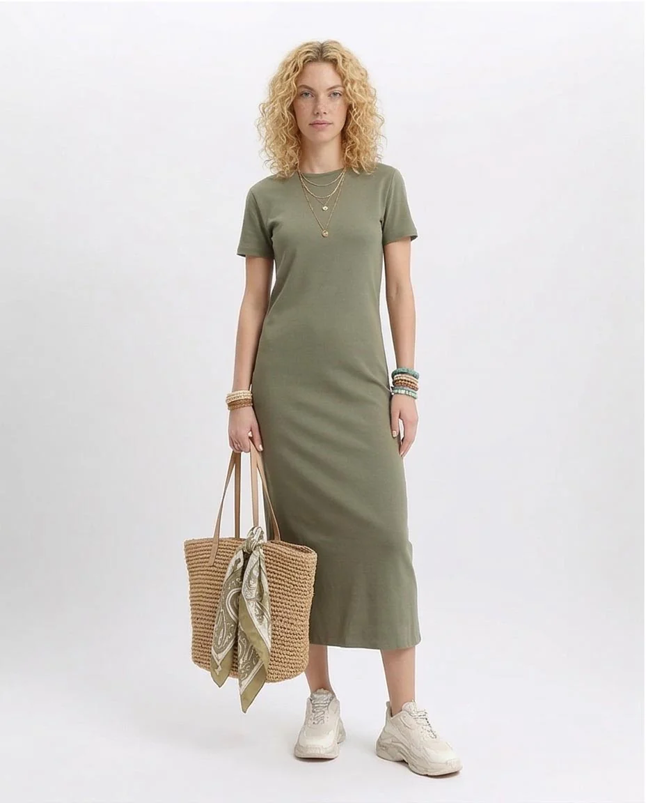 Short Sleeves Solid Midi Dress - Olive - R210661 - Image 4