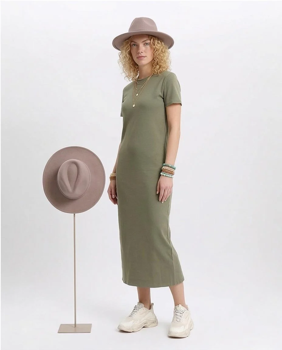 Short Sleeves Solid Midi Dress - Olive - R210661 - Image 5